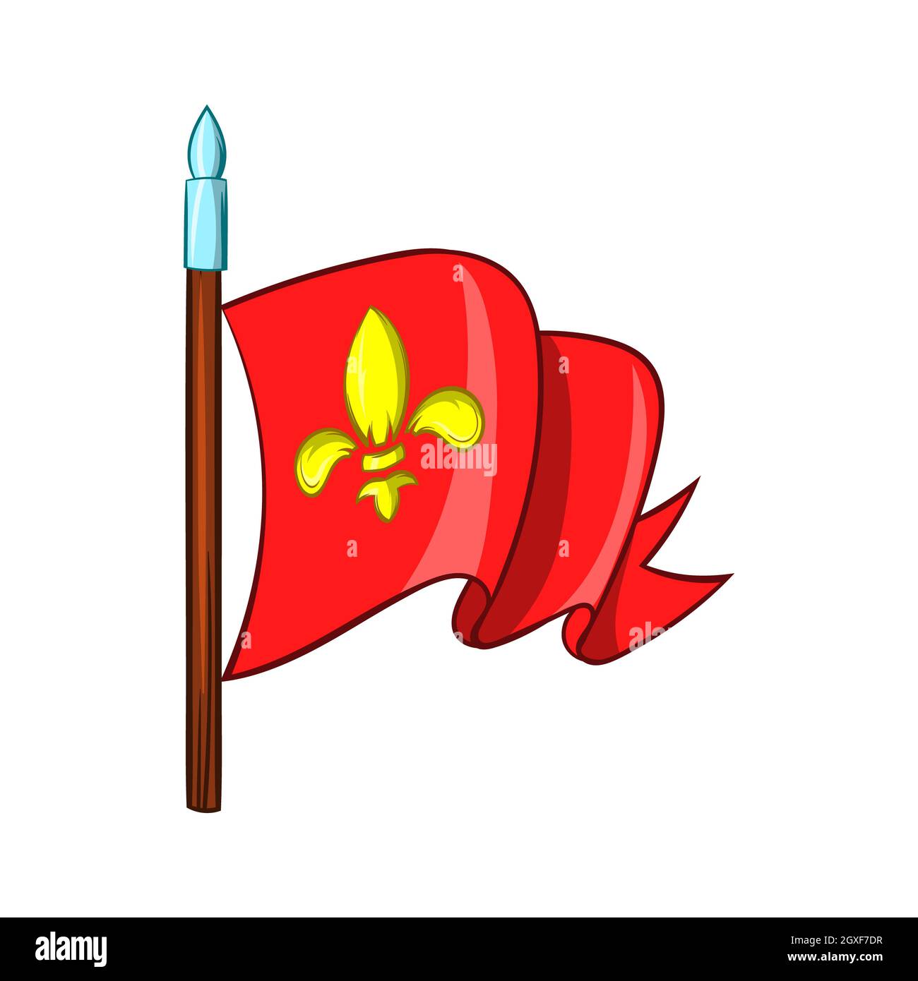 Mittelalterliche rote Ritterflagge mit goldener Lilienikone im Cartoon-Stil auf weißem Hintergrund Stockfoto
