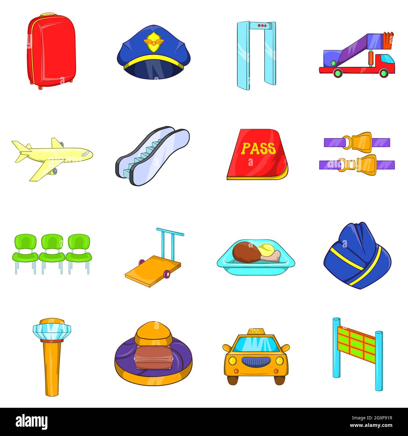 Flughafen-Symbole im Cartoon-Stil isoliert auf weißem Hintergrund gesetzt Stockfoto