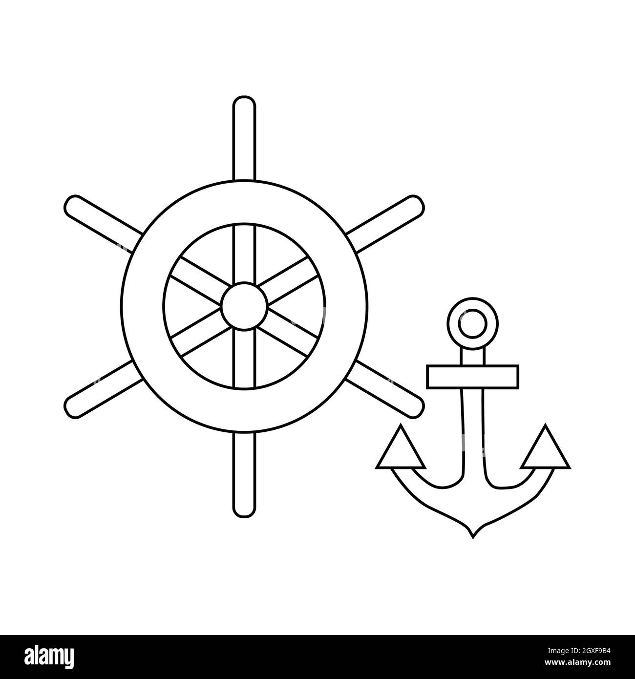 Schiffsrad und Ankersymbol in Umrissform auf weißem Hintergrund Stockfoto