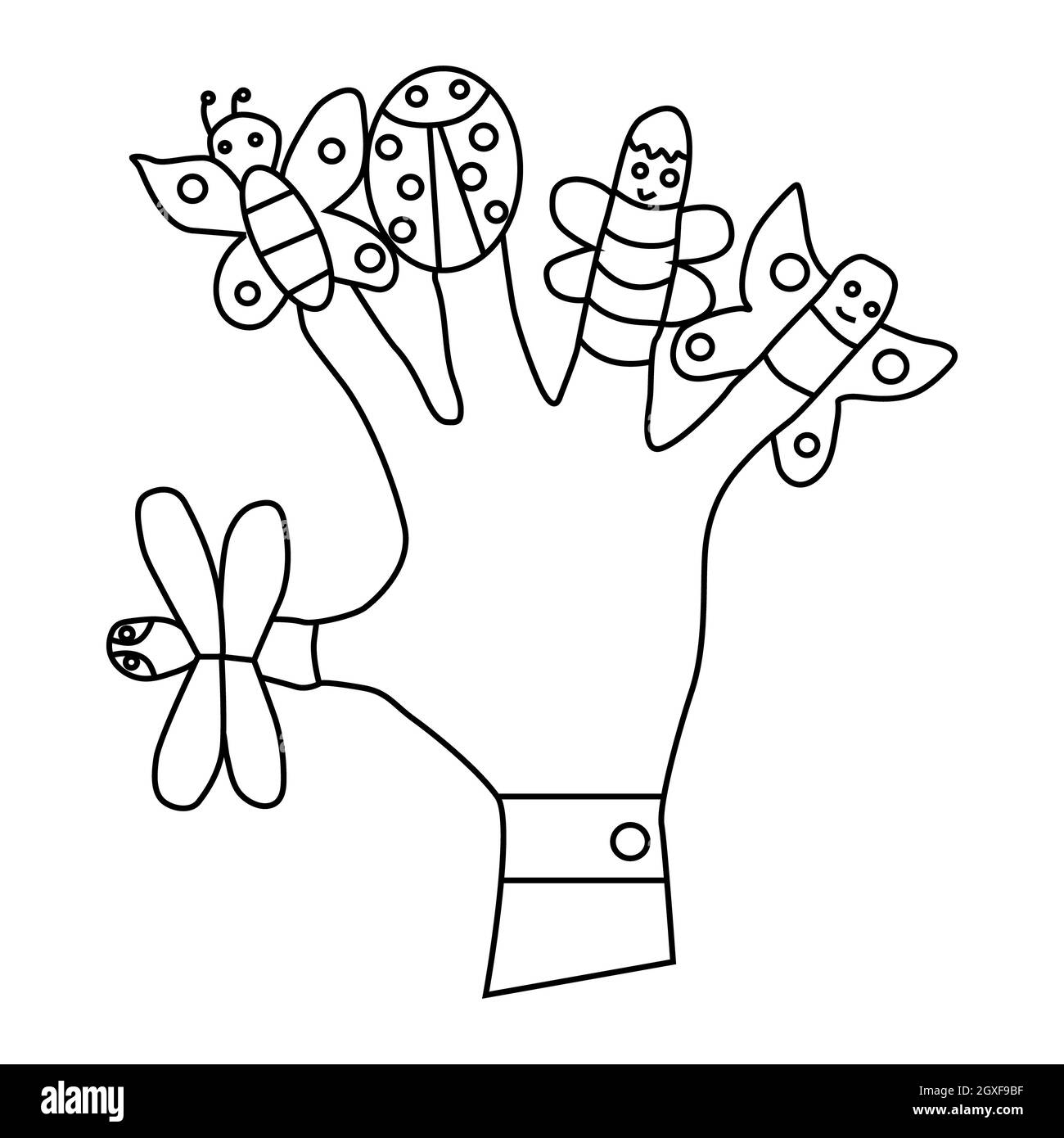 Hand tragende Fingerpuppen, Schmetterlinge, Marienkäfer-Symbol in Umriss-Stil auf weißem Hintergrund Stockfoto