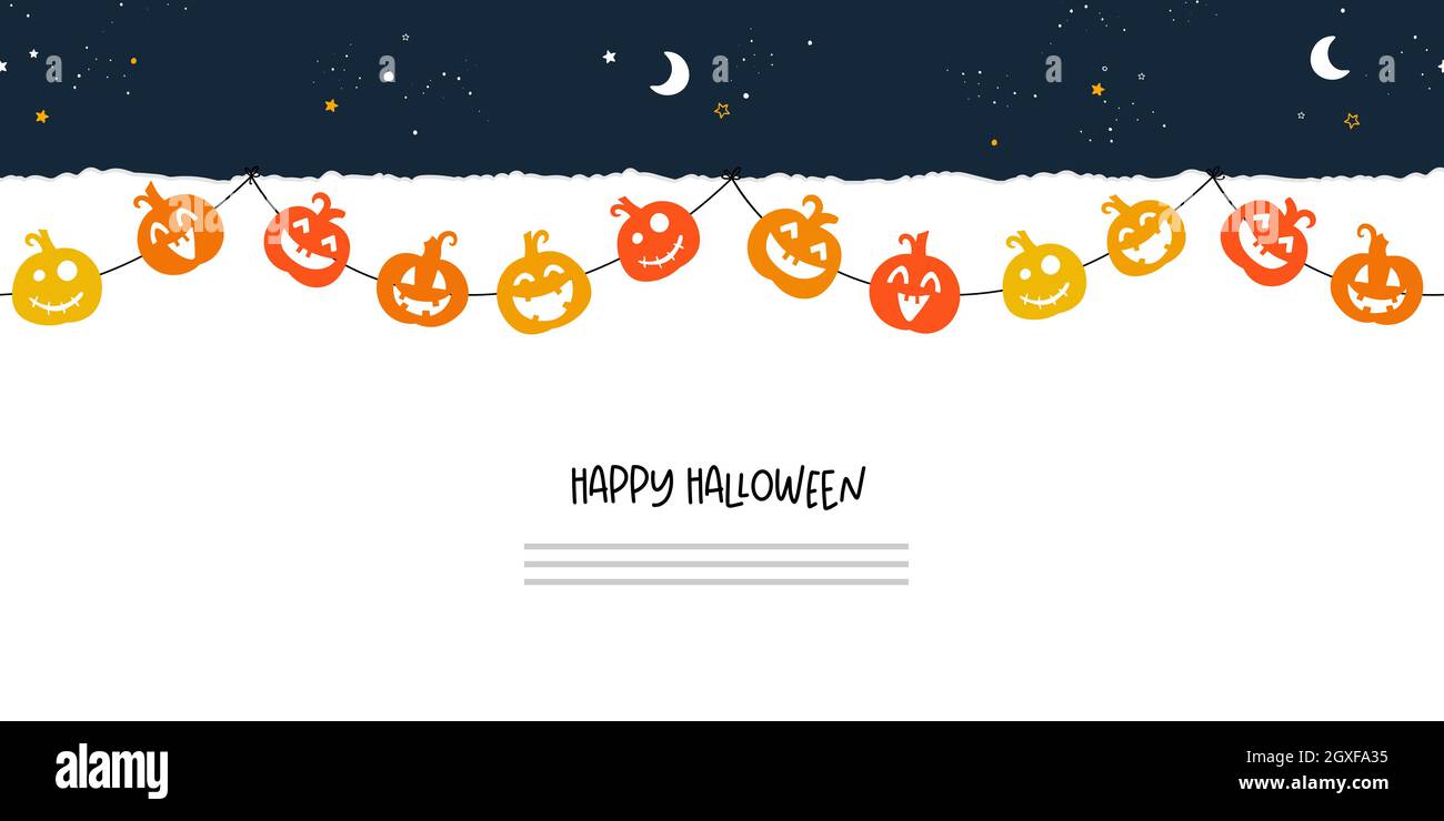 Niedliche handgezeichnete Halloween Kürbisse Grenze, glückliche Gesichter, ideal für Einladungen, Karten, Banner - Vektor-Design Stock Vektor