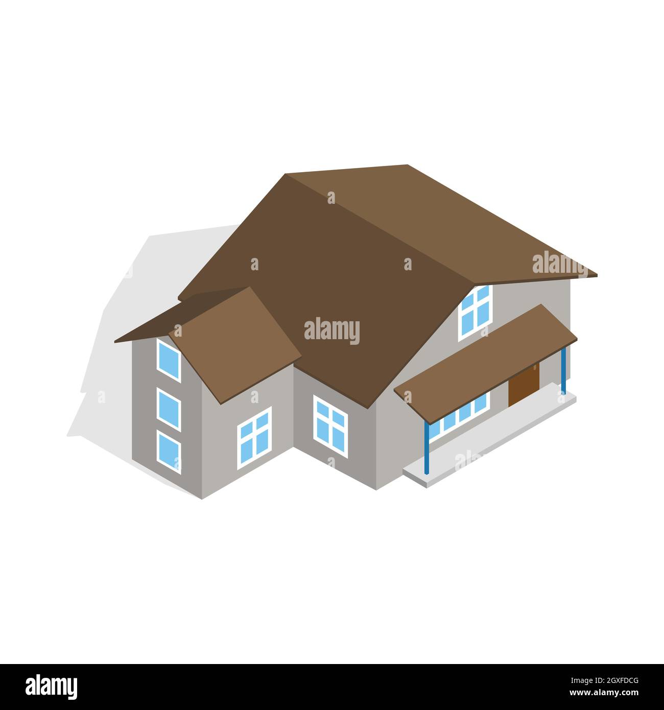 Dreistöckiges Haus-Symbol im isometrischen 3d-Stil isoliert auf weißem Hintergrund. Konstruktionssymbol Stockfoto
