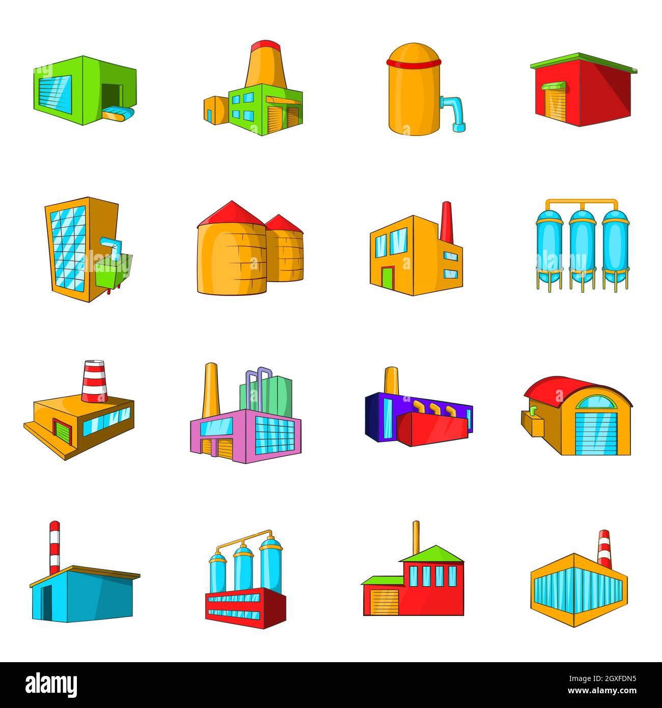 Industrielle Bauwerke und Fabriken Ikonen in Cartoon-Stil isoliert Vektor-Illustration gesetzt Stockfoto