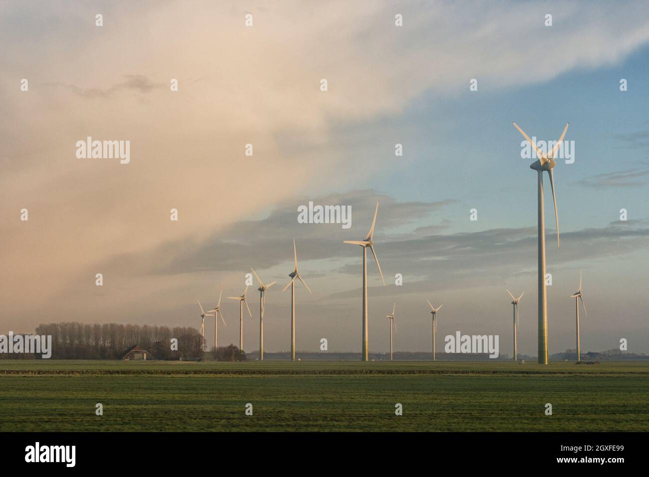 Reihen von Windenergieanlagen im Norden von Groningen in der Nähe von Eemshaven, Groningen, Niederlande Stockfoto