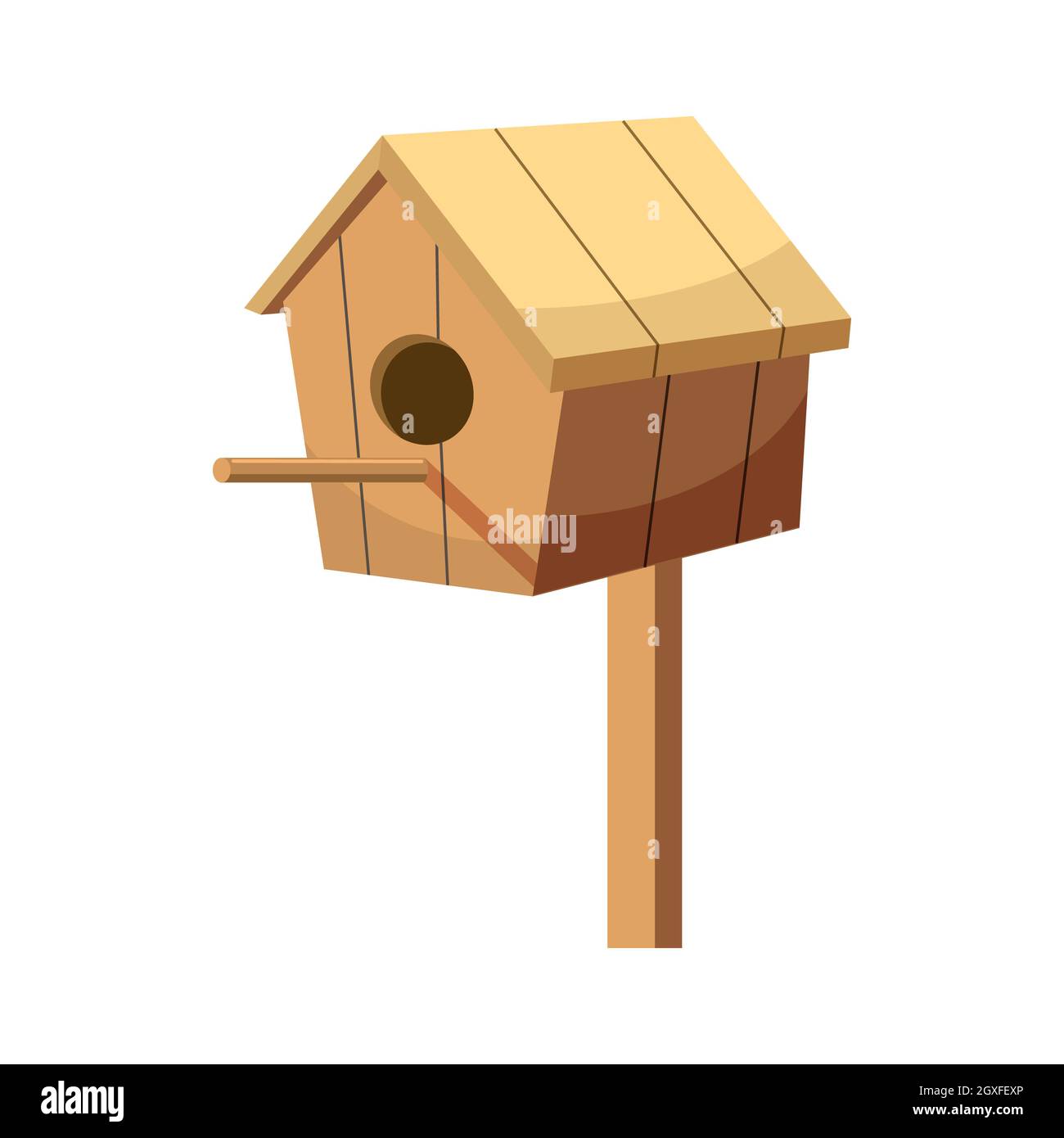 Vogelhaus-Symbol im Cartoon-Stil isoliert auf weißem Hintergrund. Garten- und Baugewerbe Symbol Stockfoto