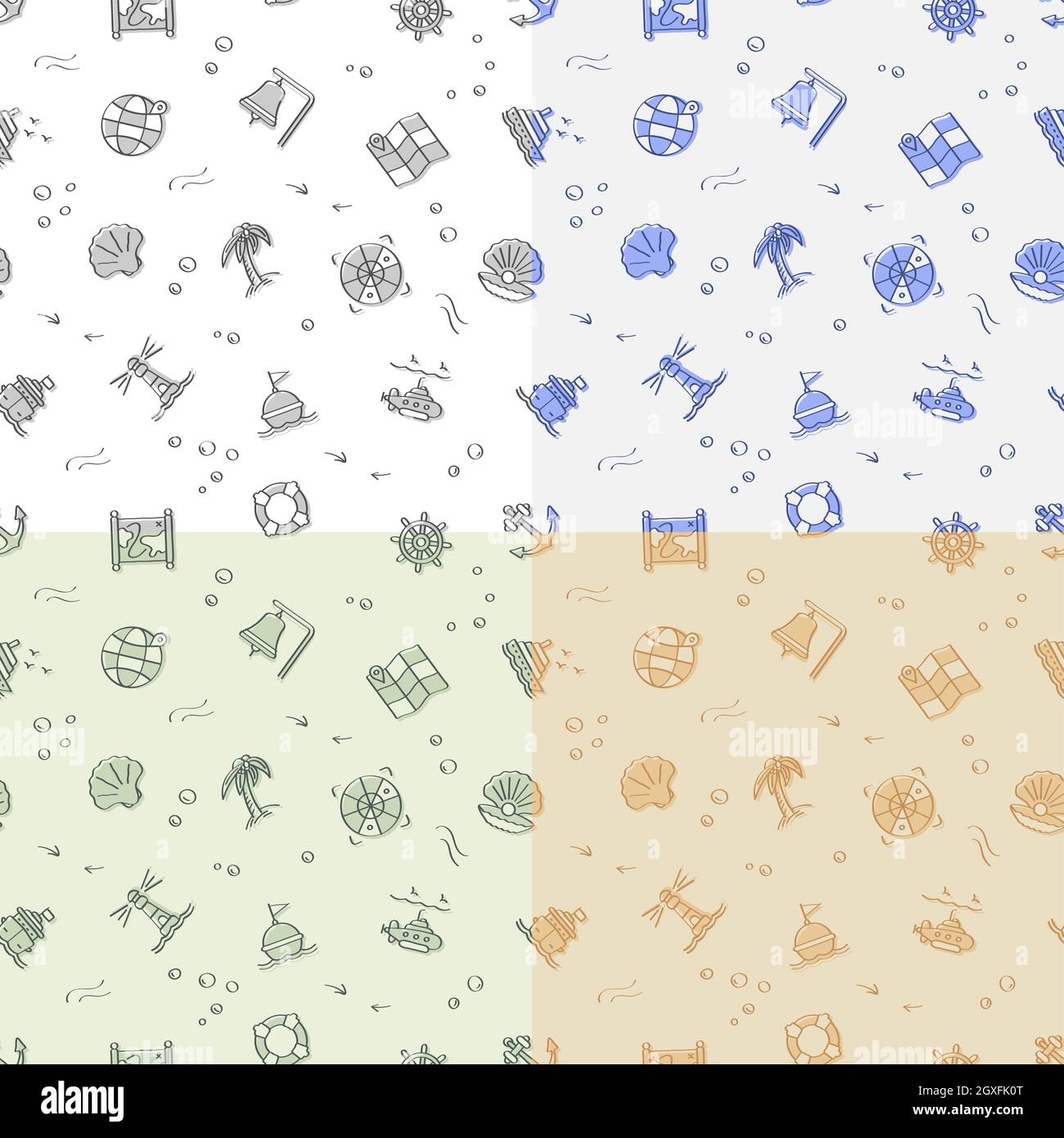 Satz von nahtlosen Mustern mit linearen Doodle-Symbolen. U-Boot, Rettungsboje, Boje auf Wellen, Kompass, Karte. Ornament für Dekoration und Druck auf Stoff. D Stock Vektor