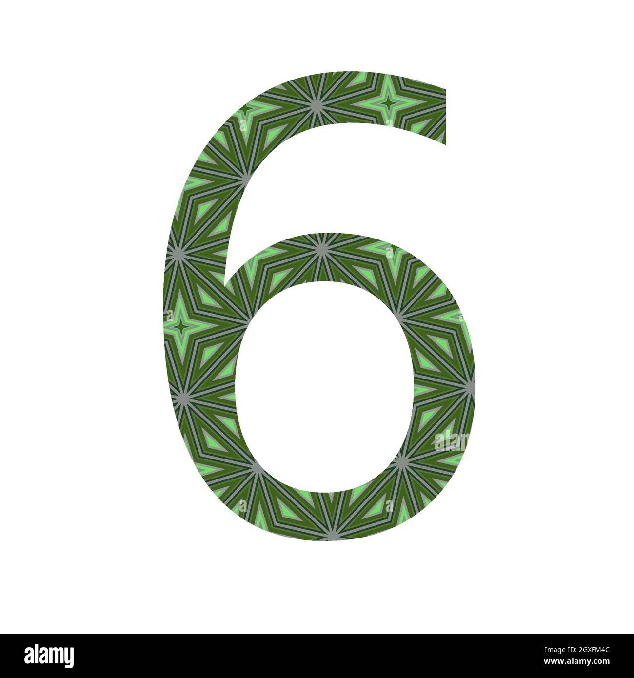 Nummer 6 des Alphabets mit einem Muster aus grünen Sternen, isoliert auf weißem Hintergrund Stockfoto