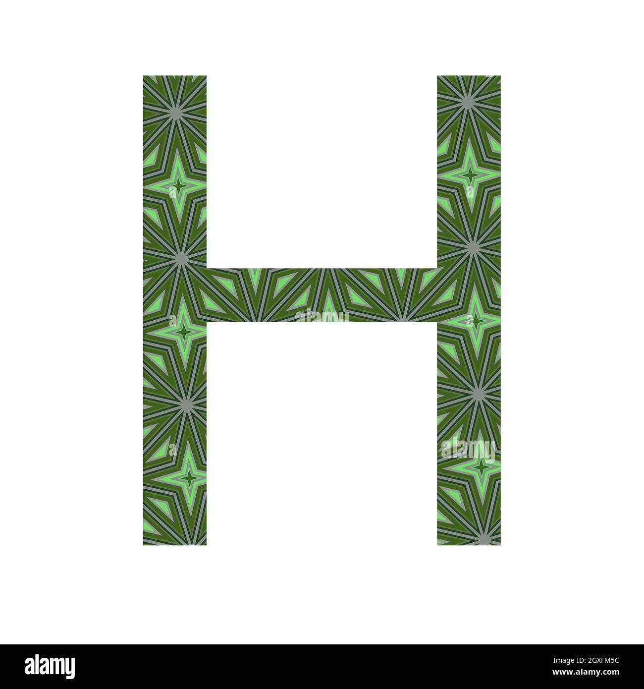 Buchstabe H des Alphabets mit einem Muster aus grünen Sternen, isoliert auf weißem Hintergrund Stockfoto