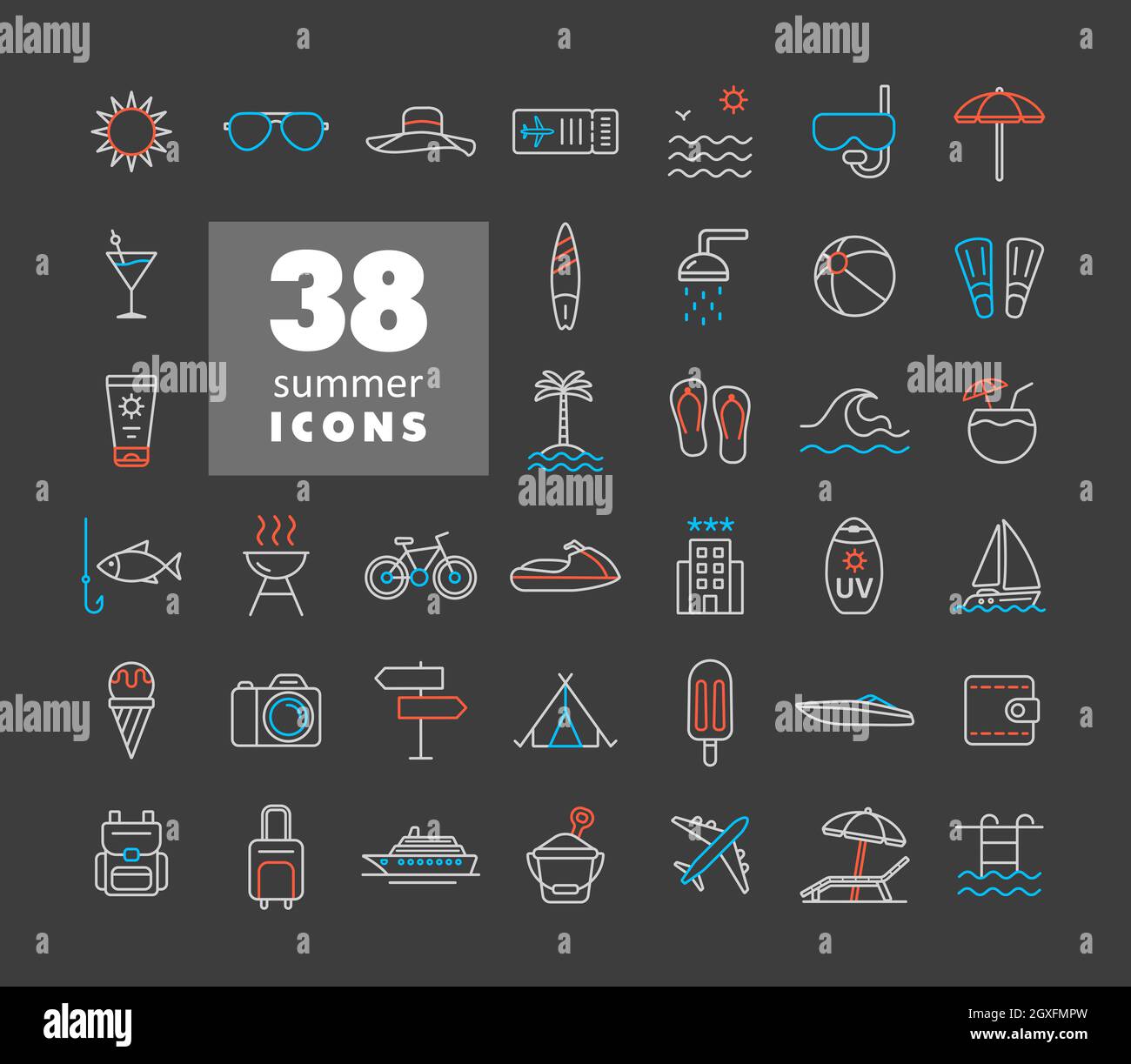 Sommer-Vektorsymbole auf dunklem Hintergrund eingestellt. Sommerzeitzeichen. Graph-Symbol für Reise- und Tourismus-Website und Apps Design, Logo, App, UI Stockfoto