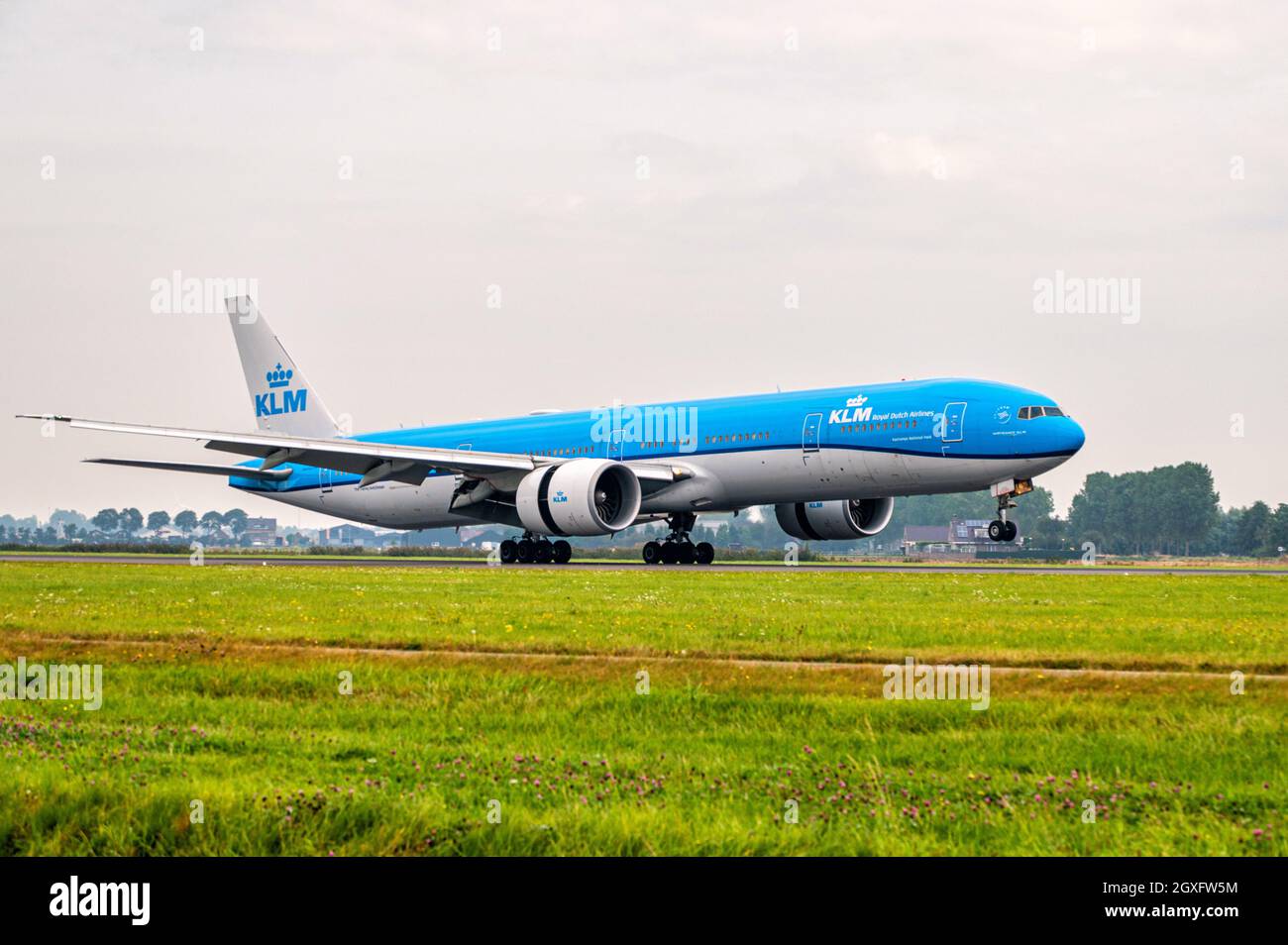 KLM Boeing 777 landet am Flughafen Amsterdam Schiphol Stockfoto