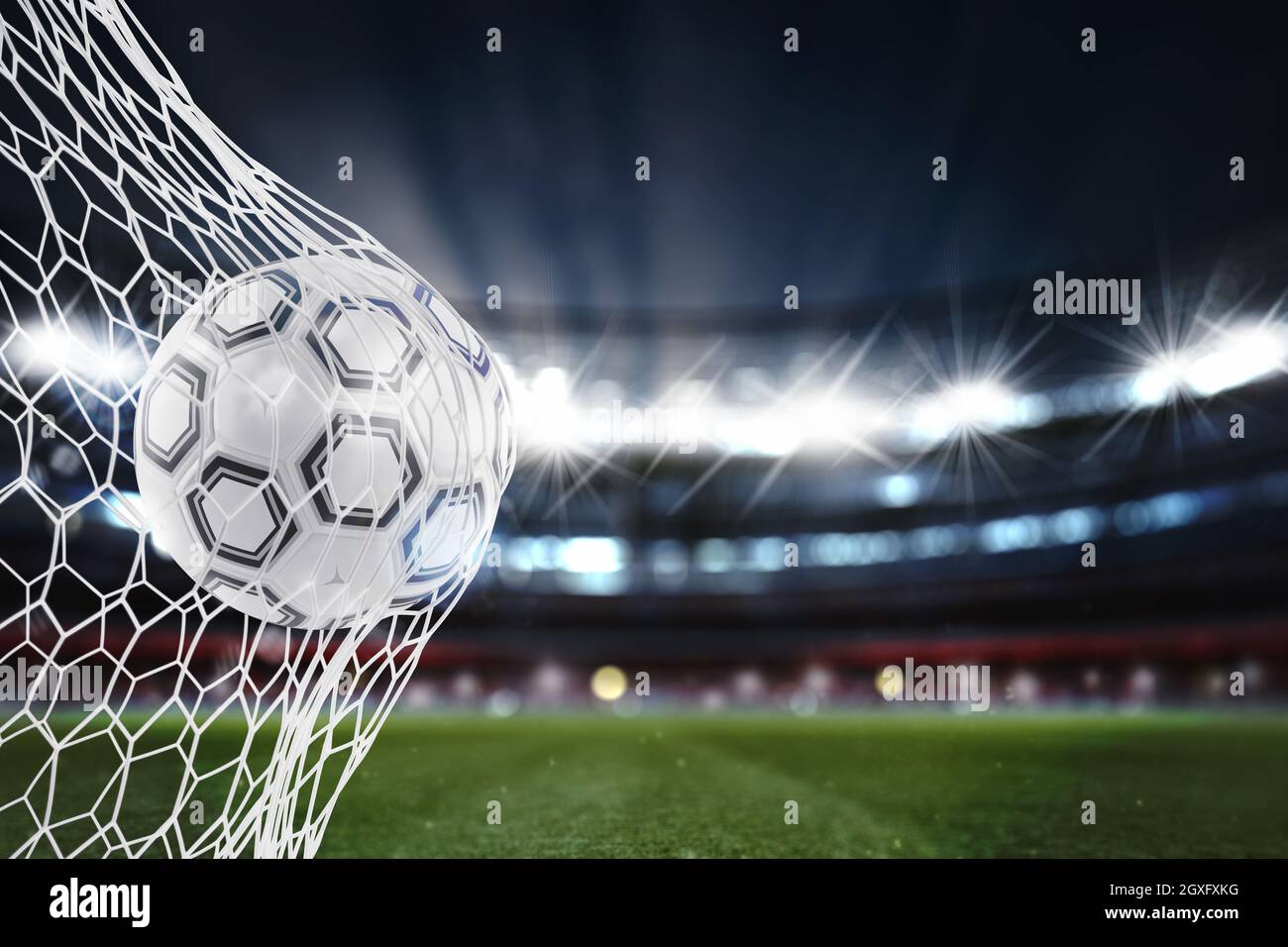 Fußball durchdringt die Fußball-Ziel im Stadion während einer Nacht übereinstimmen. 3D-Rendering Stockfoto