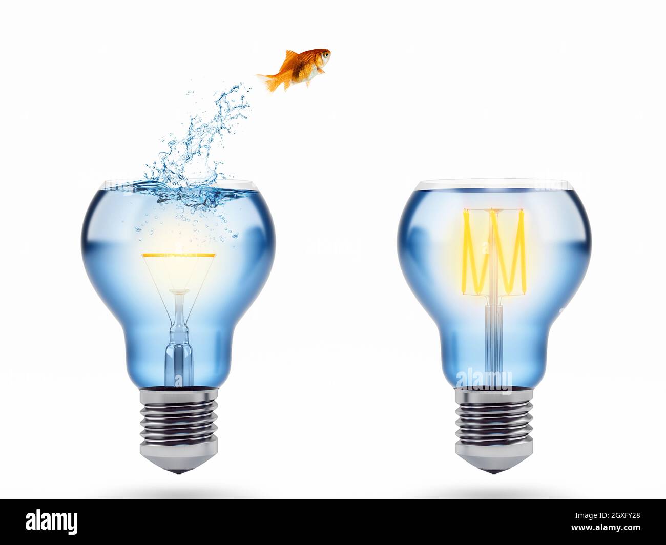 Goldfisch springt in einem Birnenlichtaquarium mit LED-Technologie. Verbesserungs- und Fortschrittskonzept. 3D-Rendering Stockfoto