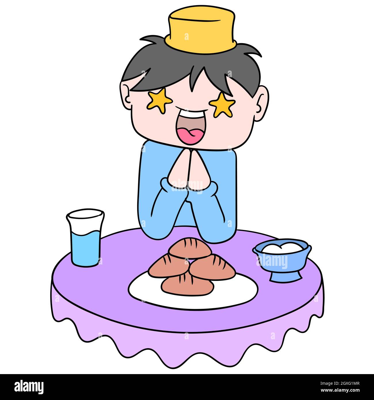 Boy ist glücklich am Esstisch, wenn das Fasten von ramadan Kareem brechen Stock Vektor