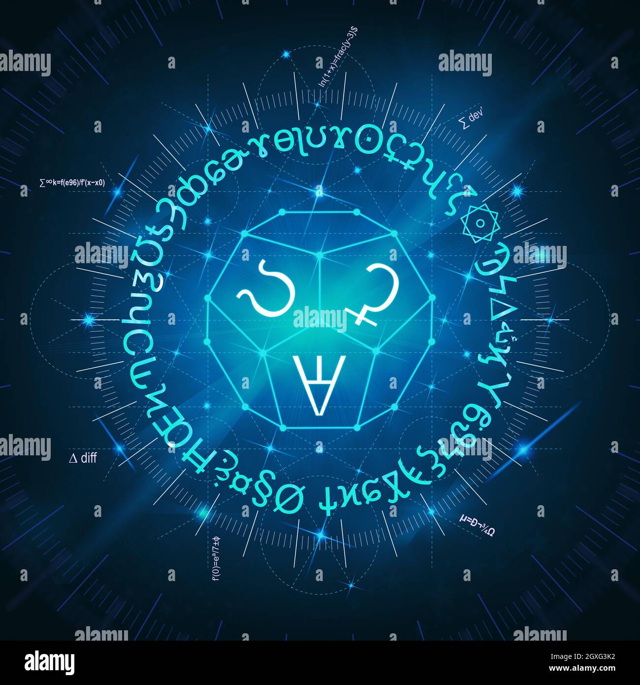 Abstrakter blauer Hintergrund von leuchtenden Zaubersprüchen, Formeln, Zeichen, Uhrwerk und heiligen Symbolen Stockfoto