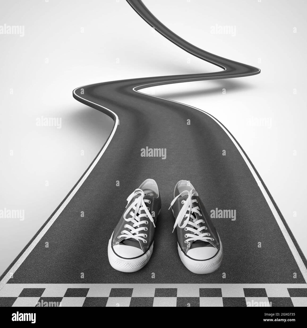 Schuhe hinter der Startlinie in einer kurvenreichen Straße auf weißem Hintergrund, die sich erheben, um die Ziele zu erreichen. 3D-Rendering Stockfoto