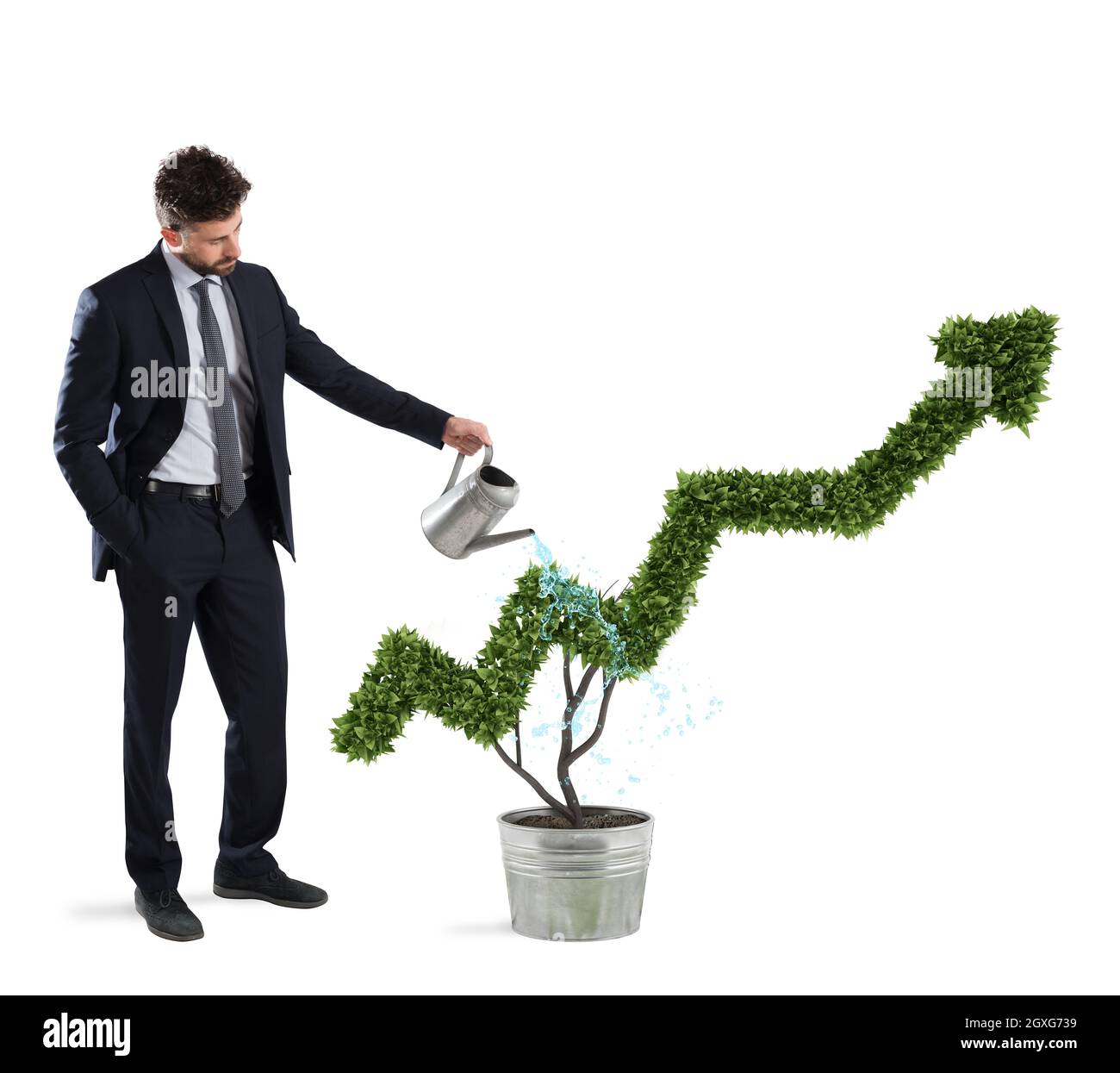 Geschäftsmann wässern eine Pflanze, die wie ein Pfeil wächst. Konzept des Wachstums der Unternehmenswirtschaft . Stockfoto