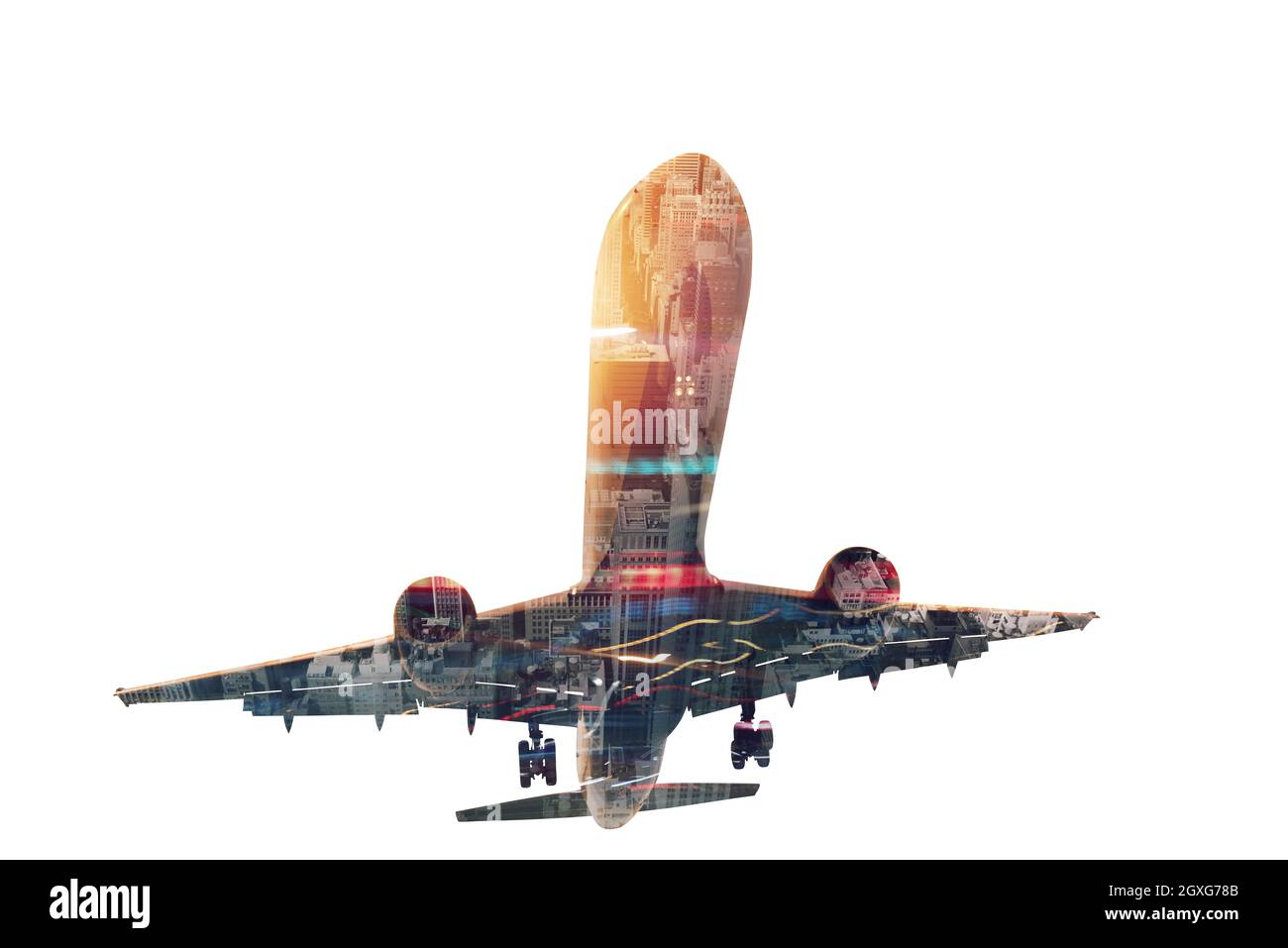 Nehmen Sie eines modernen Flugzeugs mit Double Exposure von Airport Stockfoto