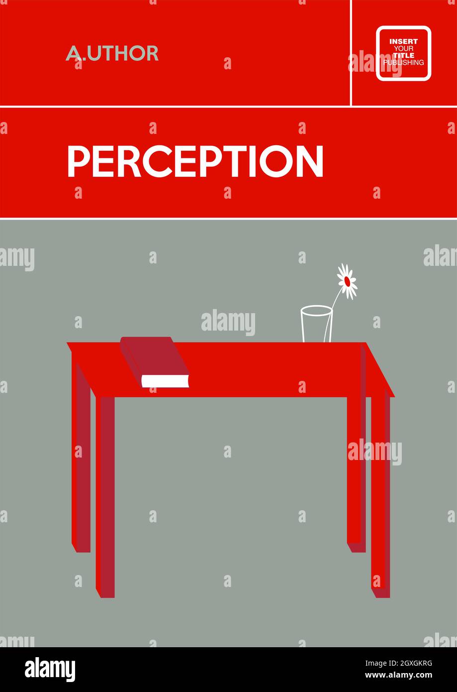 Buchcover kreatives Konzept. Buch und Vase mit Blume auf rotem Unmögliches Tisch. Genre der Fiktion oder Sachliteratur. Design im Stil der Mitte des Jahrhunderts. Stock Vektor