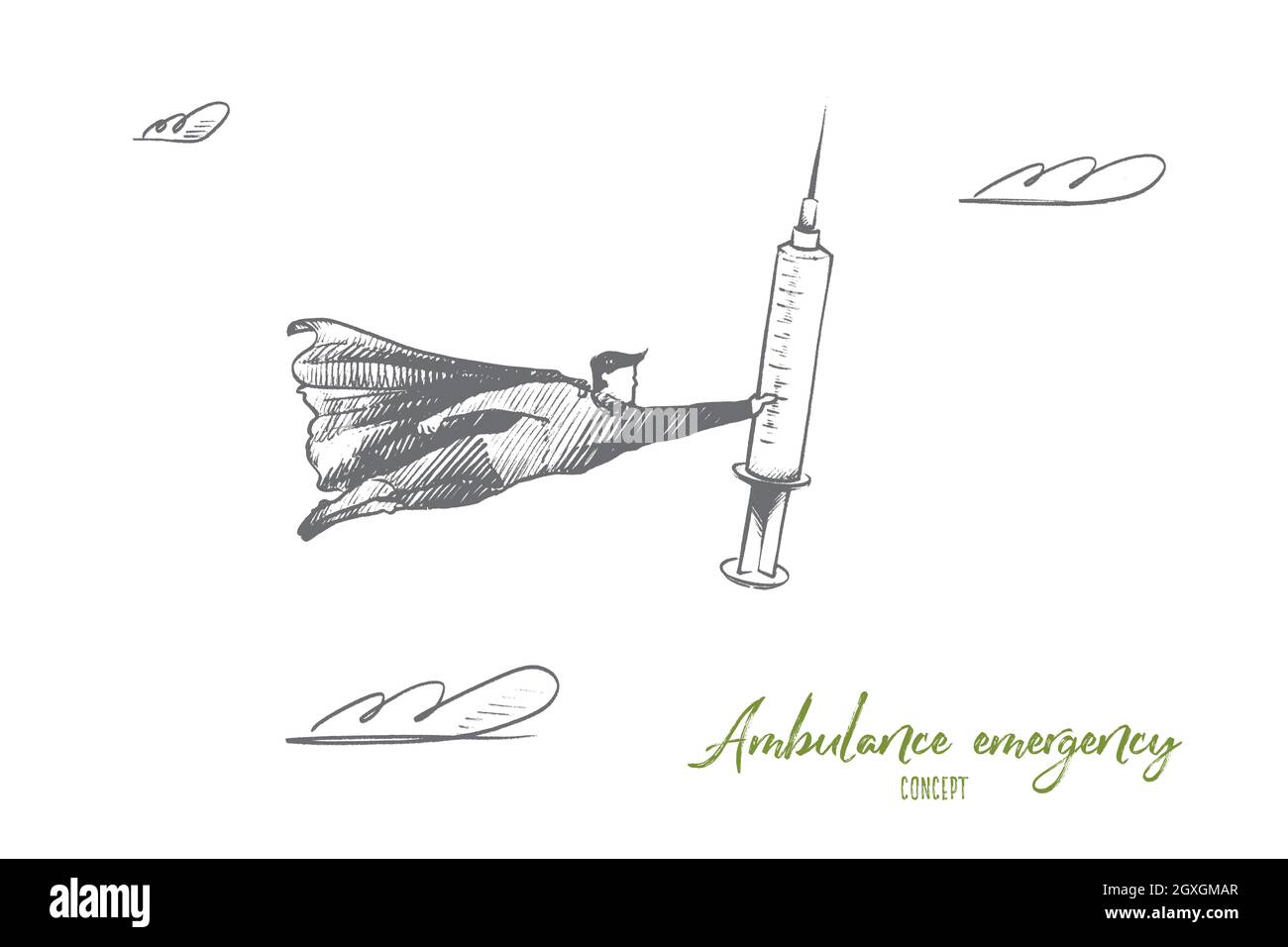 Notfallkonzept für Rettungswagen. Handgezeichneter Superheld mit Spritze in der Hand. Fliegender Held als Symbol der Macht der Medizin isoliert Vektor-Illustration. Stock Vektor