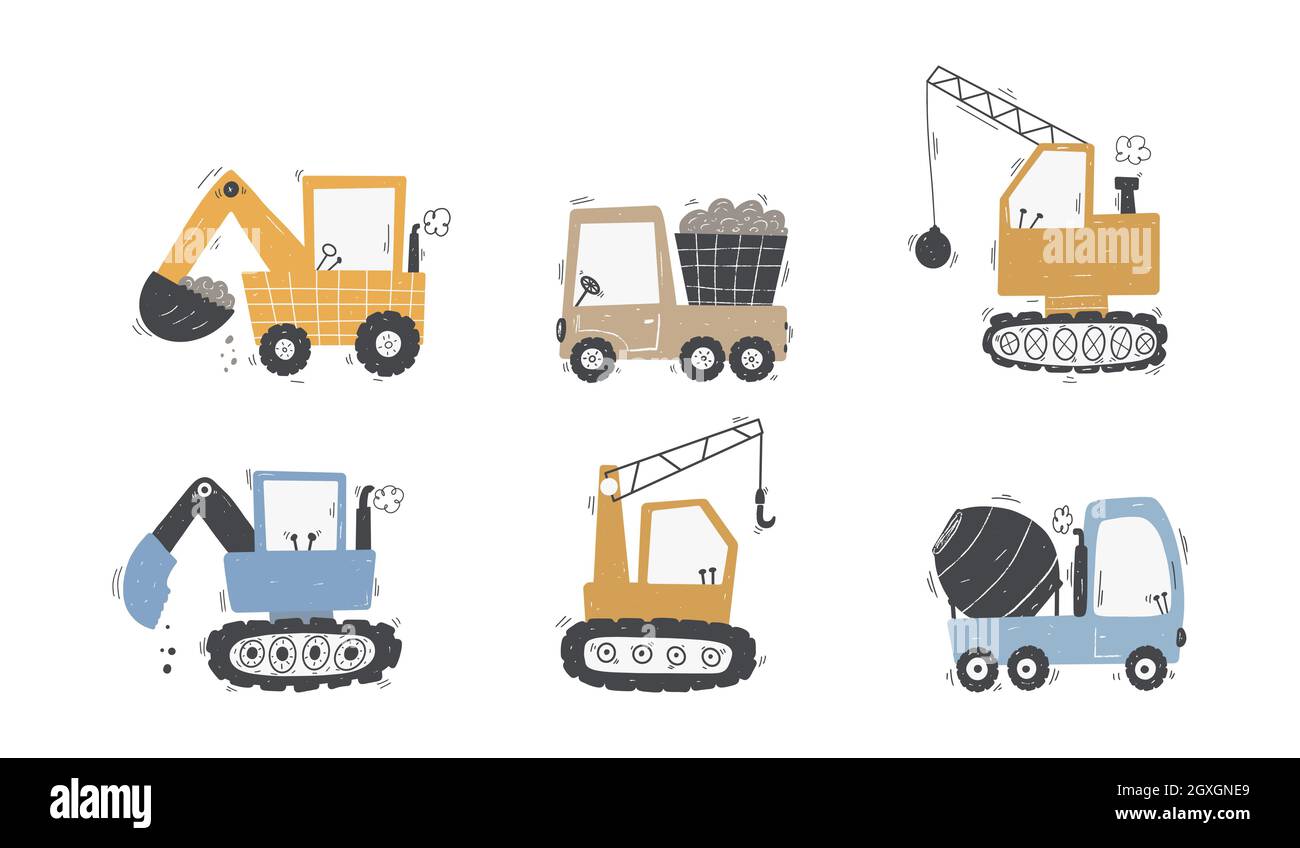 Niedliche Kinderwagen und Bagger im skandinavischen Stil auf weißem Hintergrund. Gebäudeausrüstung. Witziger Bautransport Stock Vektor