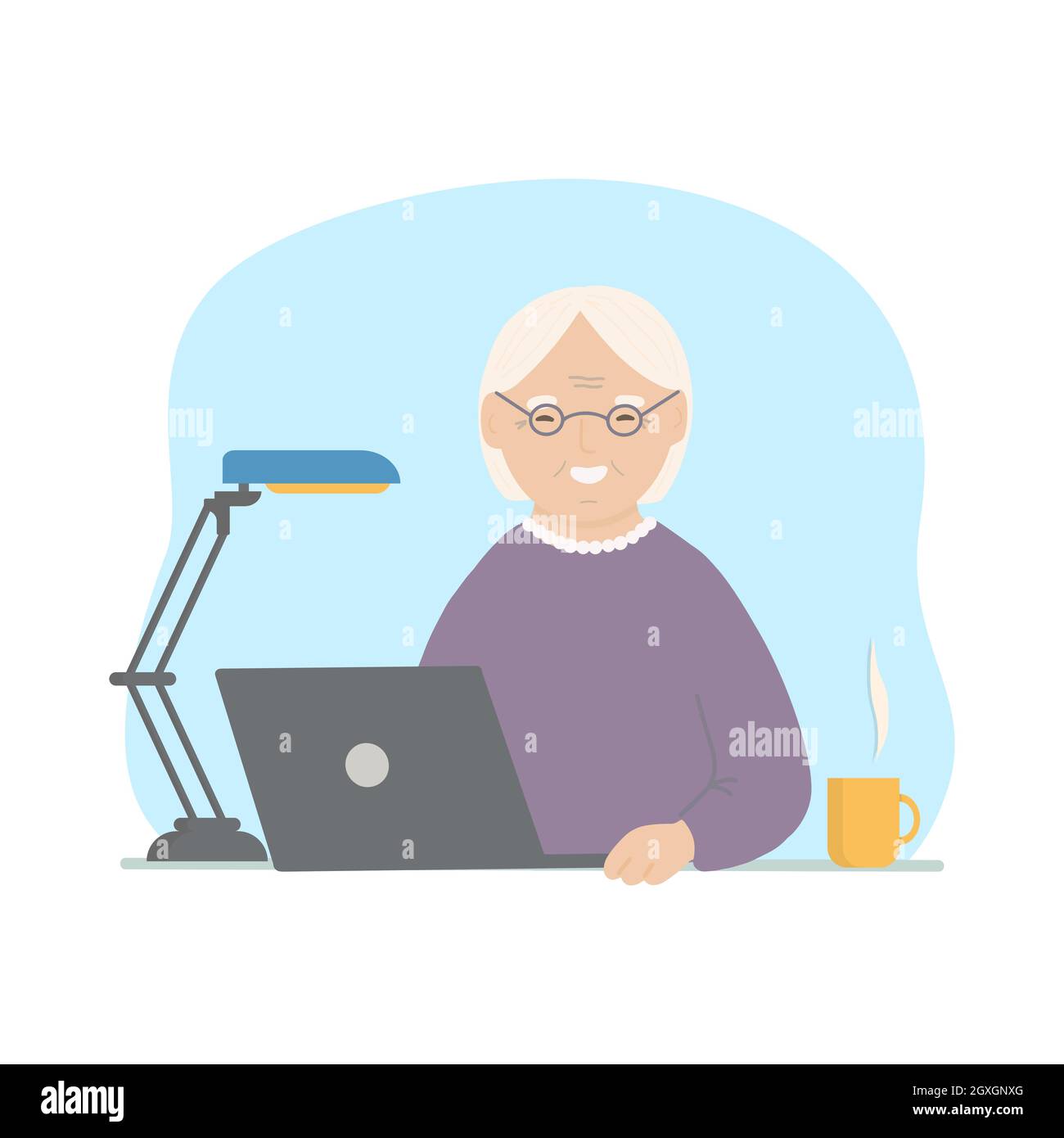 Glückliche Oma mit Laptop. Vektorgrafik handgezeichnete Illustration. Stock Vektor