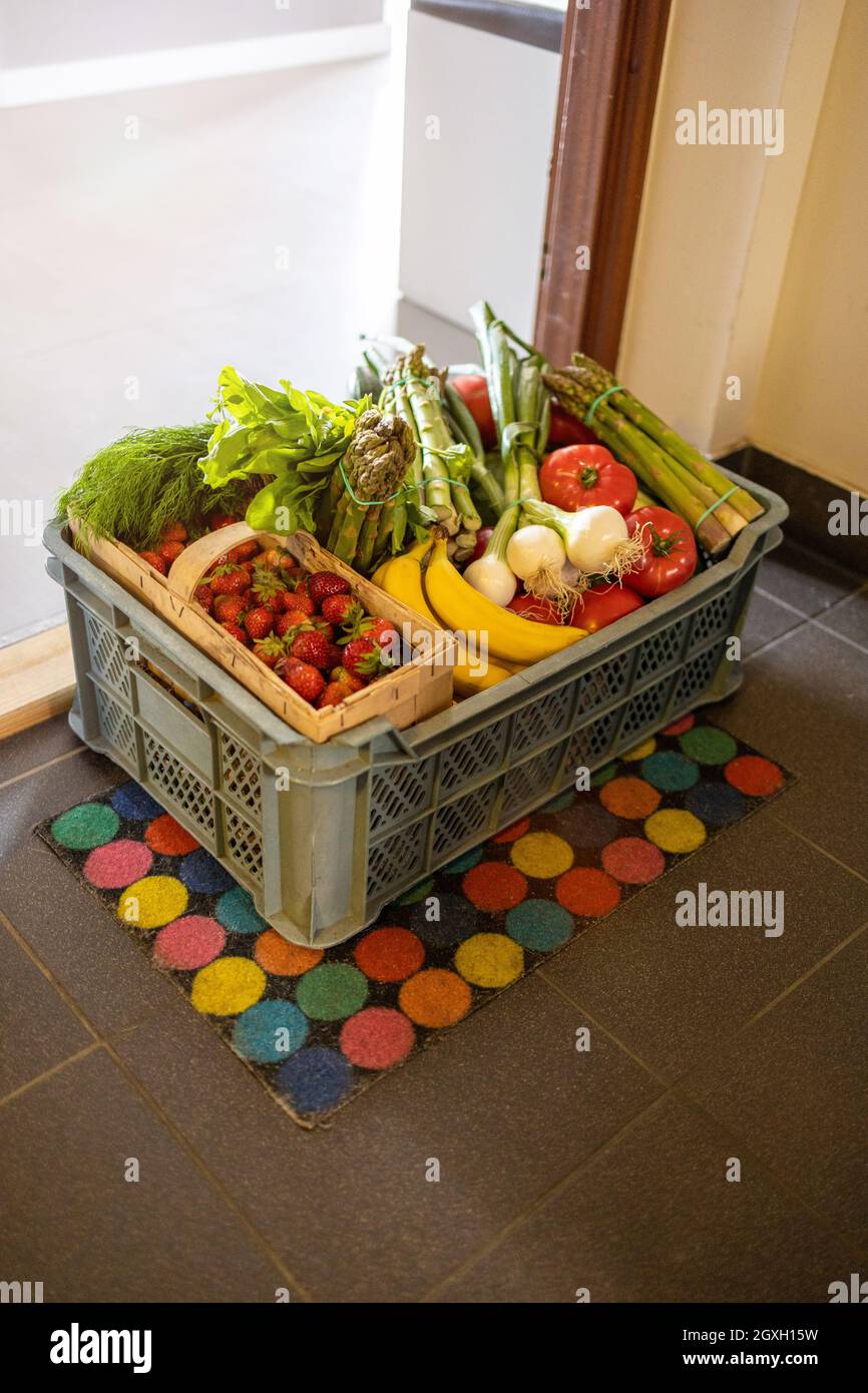 Obst- und Gemüselieferkarton auf einer Fußmatte vor einer Tür zum Haus Stockfoto