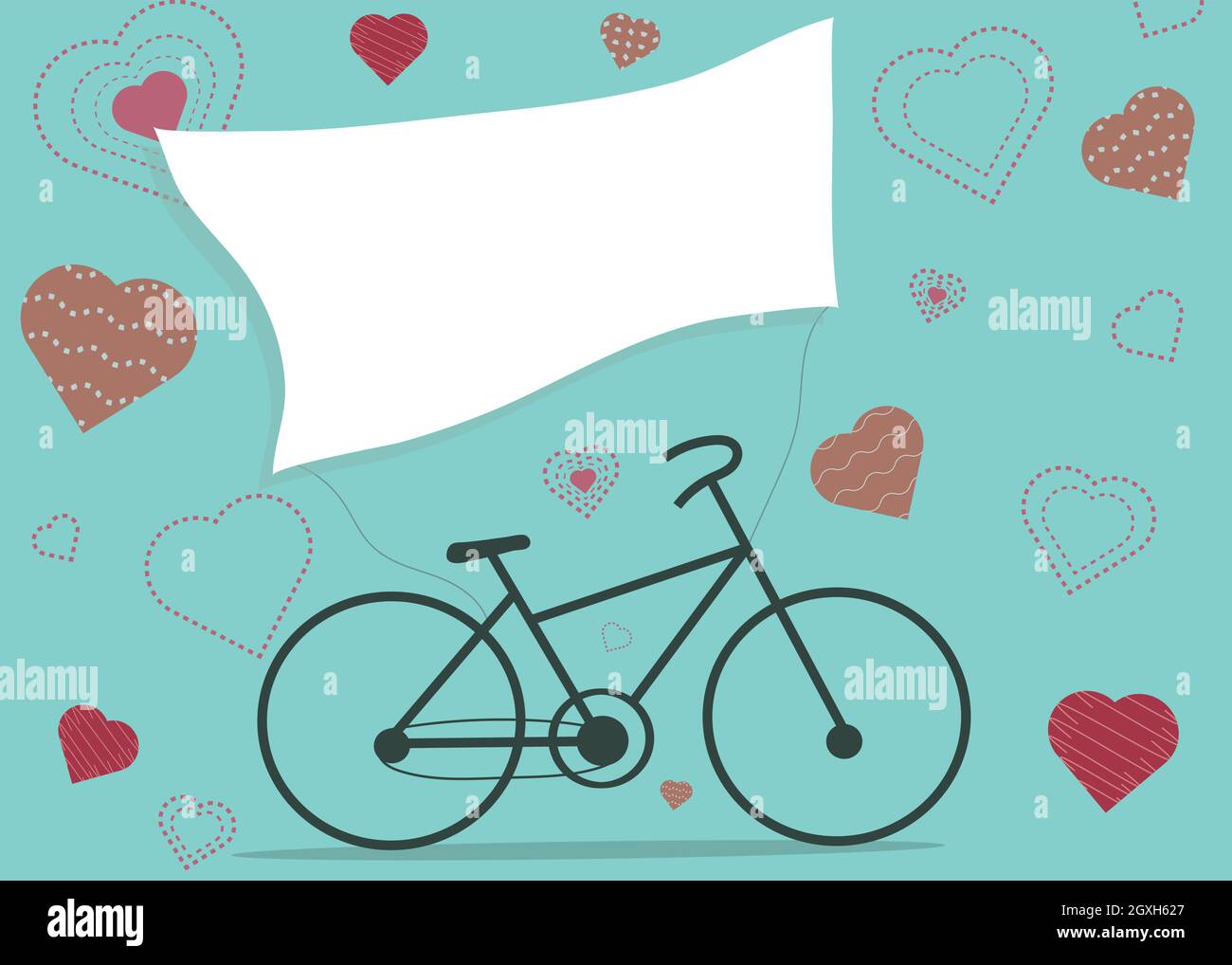 Ein Fahrrad-Design mit Herz und weißem Verkaufsbanner auf blauem Hintergrund. Glückliche Valentinstag Vektor-Illustration. Stockfoto