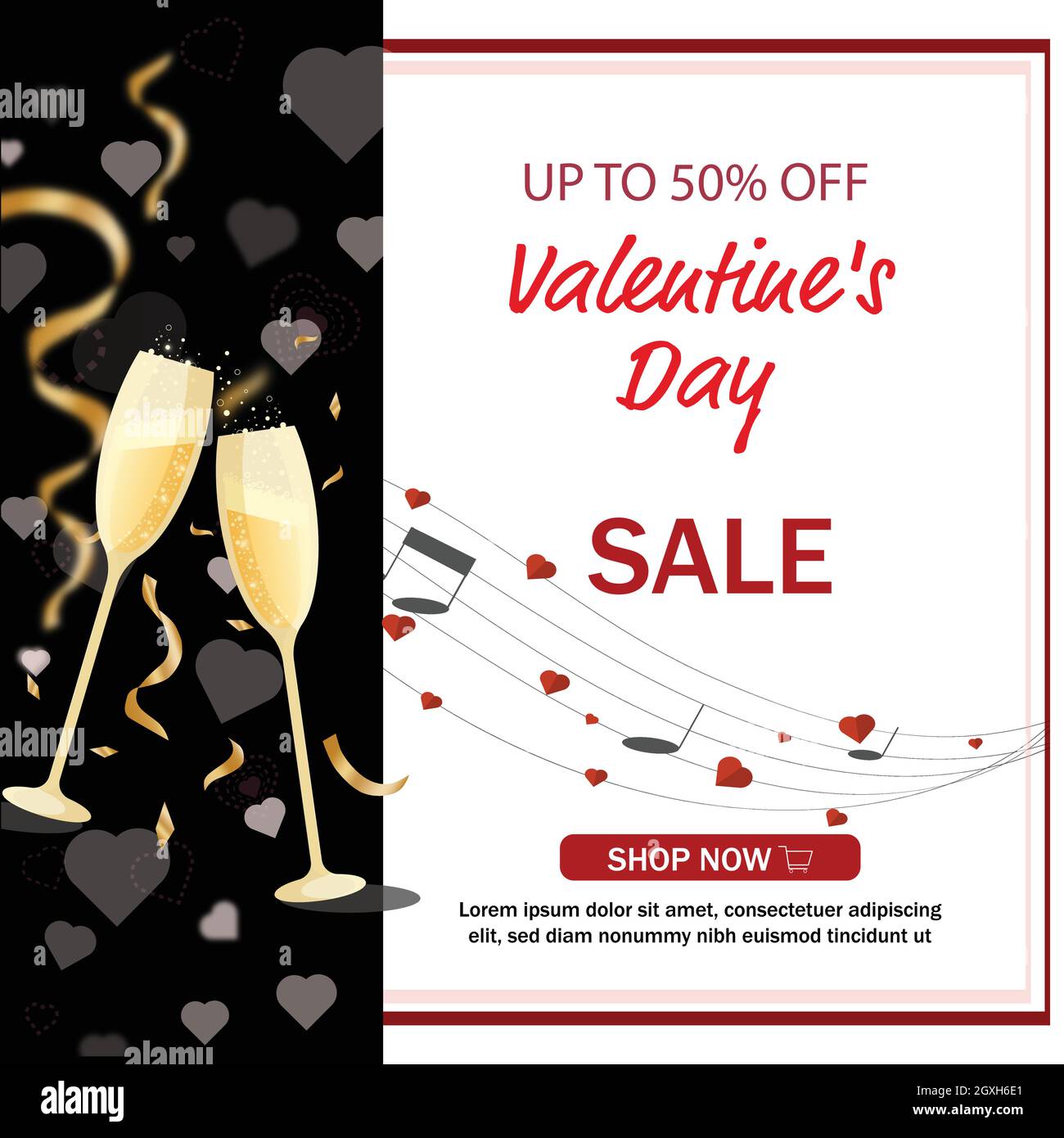Valentinstag Verkauf Hintergrund. Kann für Poster, Broschüren, Banner mit Herzen, Champagner-Glas und romantische Noten verwendet werden. Stockfoto
