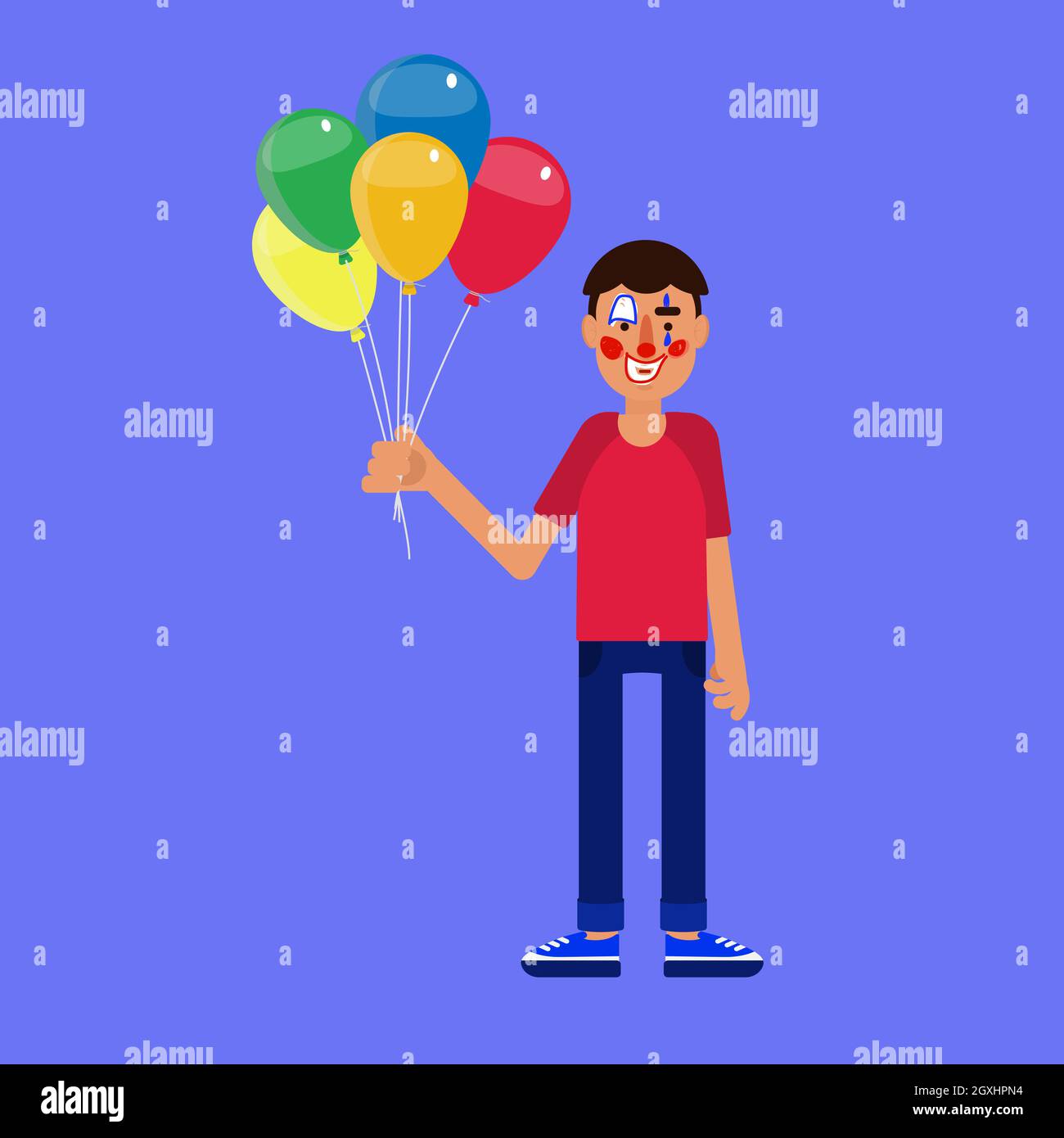 Mann mit bemaltem Clownsgesicht, der mehrere Heliumballons hält. Ernsthaftes Gesicht. Widersprüchliches Gesicht mit dem Rahmen der Feier. Stock Vektor