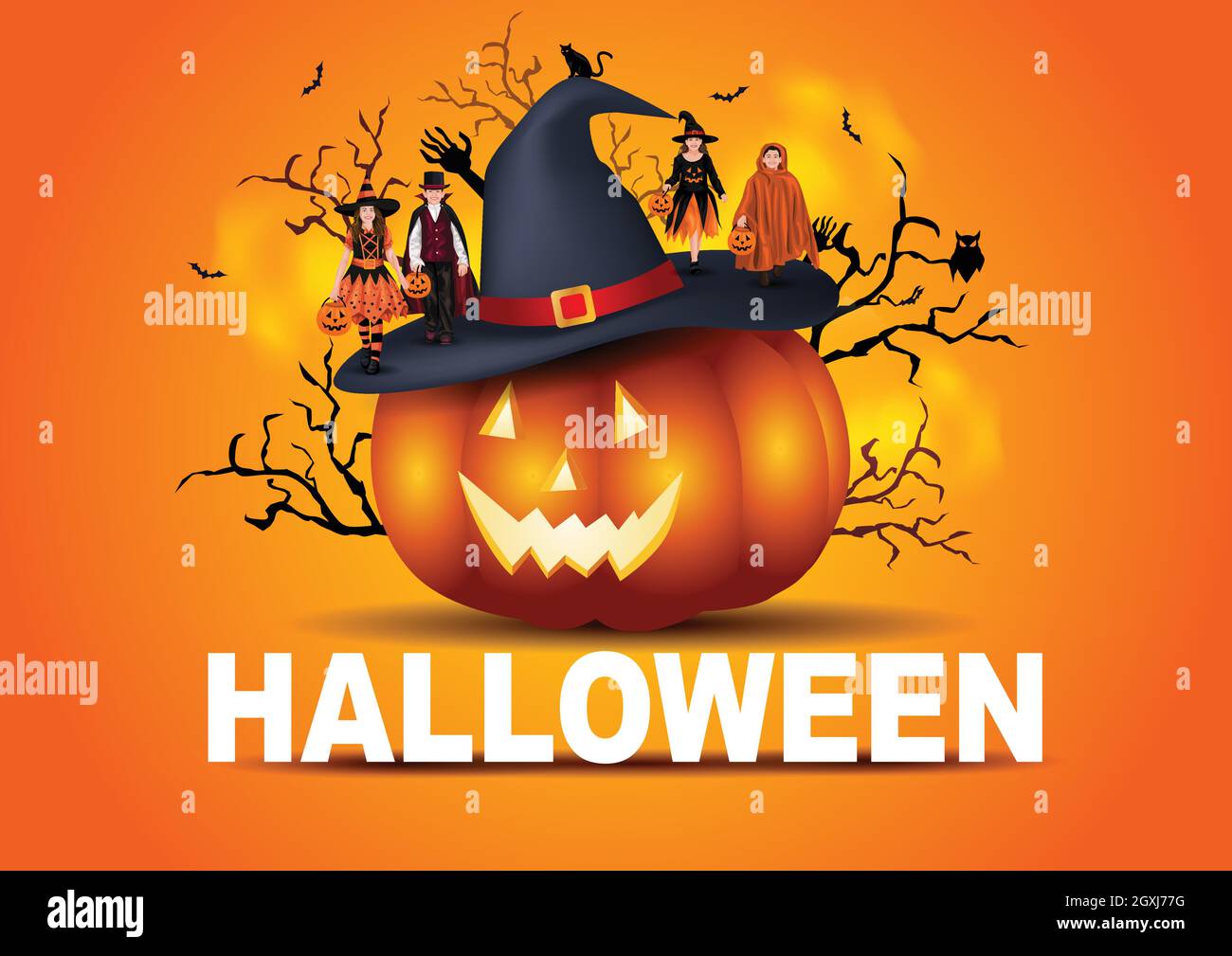 Kinder gehen auf Halloween Trick or Treat. Halloween Kostüme mit Süßigkeiten Taschen. Kinderkostüm. vektor-Illustration Design Stock Vektor