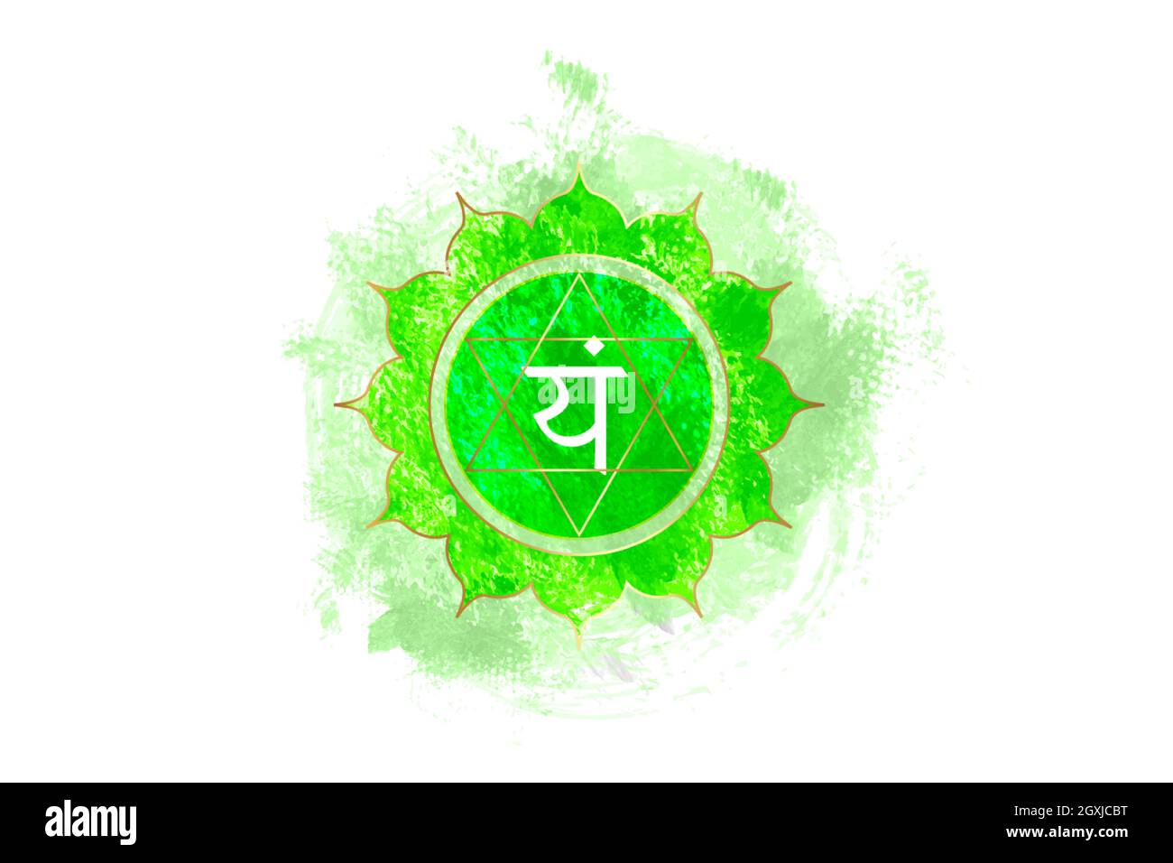 Viertes Chakra von Anahata, Herz-Chakra-Logo-Vorlage im Aquarell-Stil. Grünes Mandala. Hindu-Sanskrit-Samenmantra VAM. Symbol für Meditation, Yoga. Stock Vektor