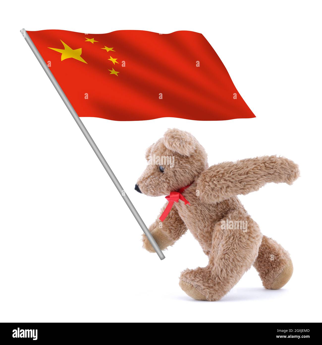 Die Flagge der Volksrepublik China wird von einem niedlichen Teddybären getragen Stockfoto