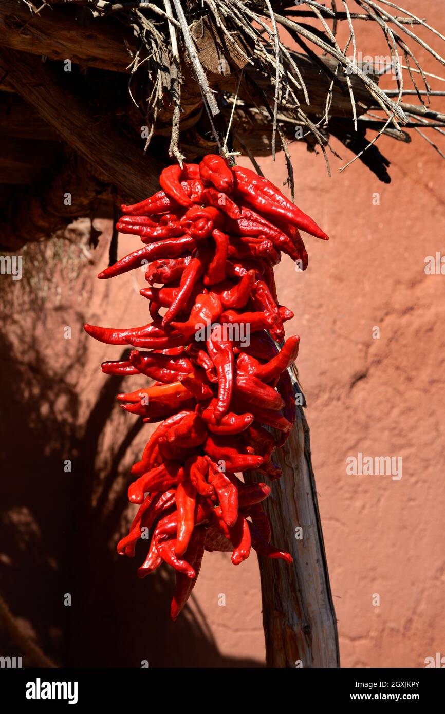 Eine Ristra, eine traditionelle Anordnung von roten chilischoten, hängt am El Rancho de Las Golondrinas lebenden Geschichte Komplex in New Mexico. Stockfoto