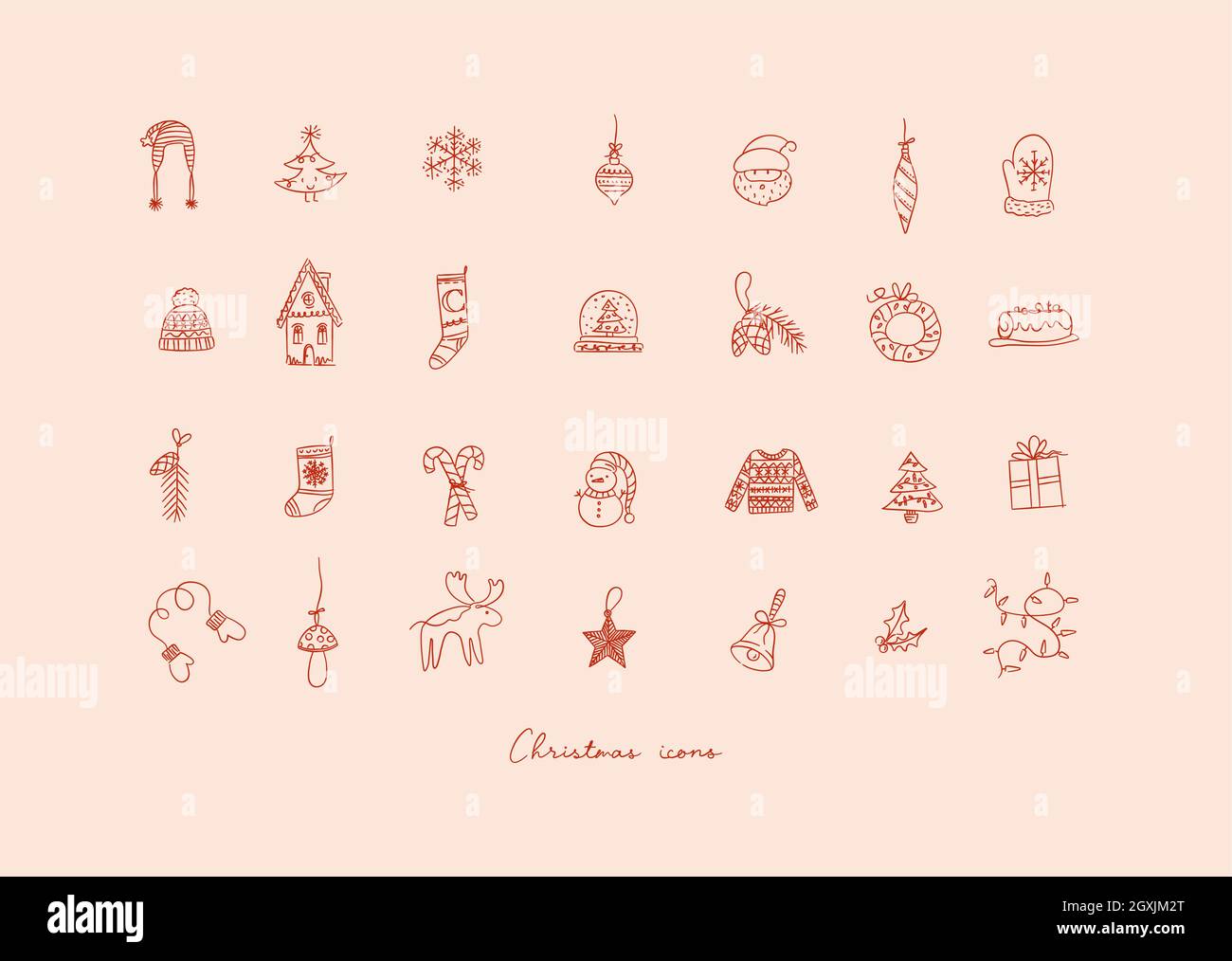 Weihnachts-Symbole Zeichnung in Hand Skizze Stil auf pfirsichfarbenen Hintergrund Stock Vektor