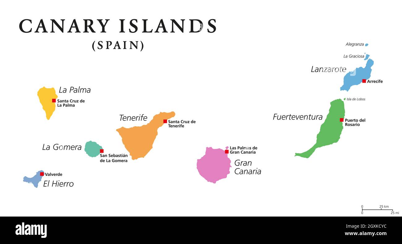 Kanarische Inseln, politische Karte. Die Kanaren. La Palma, La Gomera, El Hierro, Teneriffa, Gran Canaria, Fuerteventura und Lanzarote. Stockfoto