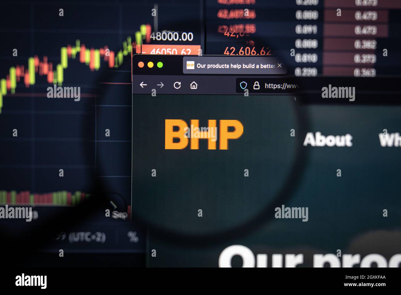 BHP-Firmenlogo auf einer Website mit verschwommenen Börsenentwicklungen im Hintergrund, auf einem Computerbildschirm durch eine Lupe gesehen Stockfoto