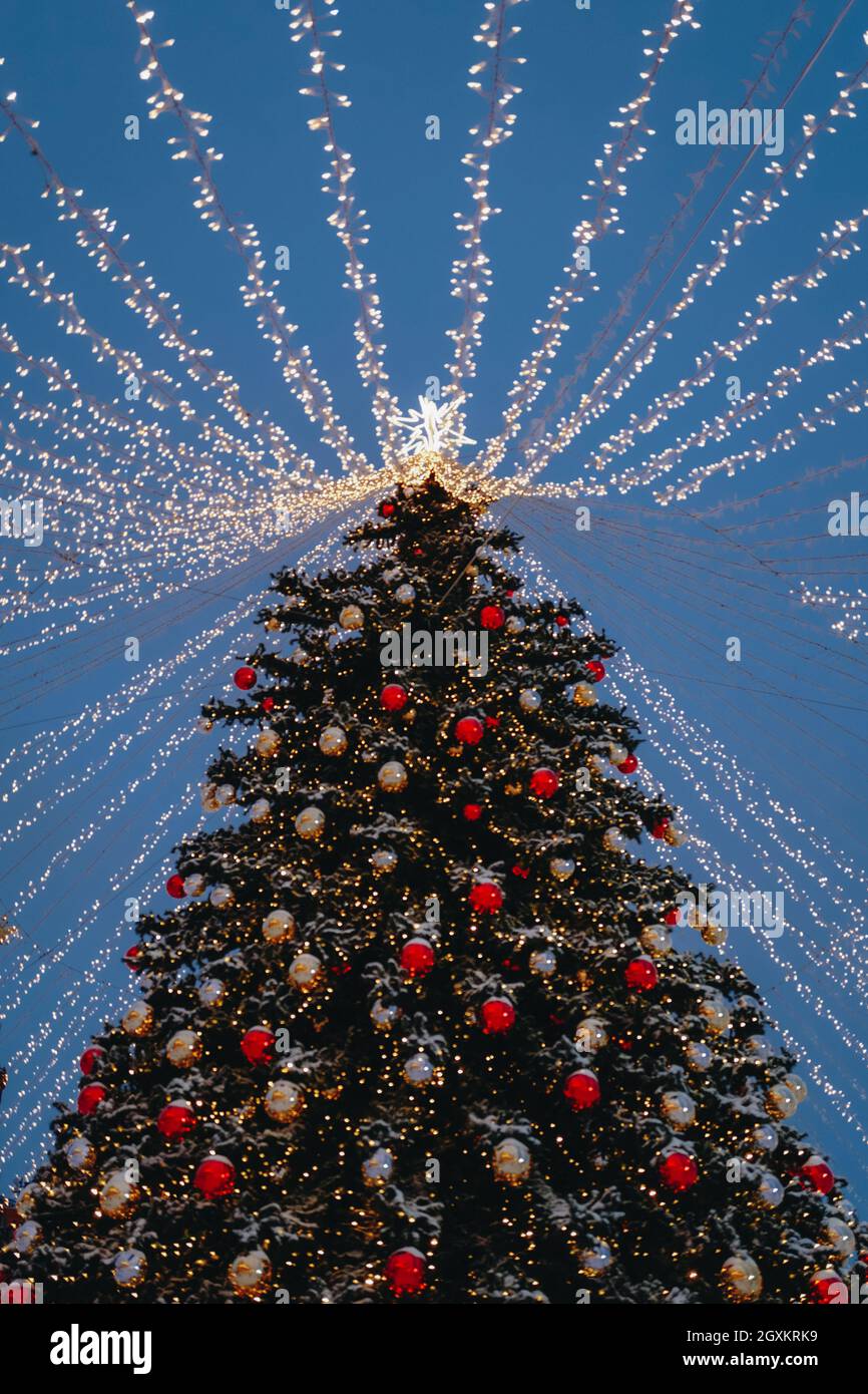 Weihnachtsbaum Mit Roten Spielzeugkugeln, Stern Und Goldenen Lichtern In  Der Festlichen Abendstadt Bokeh Girlanden Im Hintergrund. Konzept Für  Winterurlaub Stockfotografie - Alamy