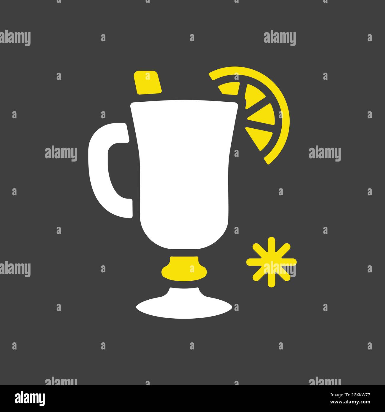 Glühwein mit orangefarbener Scheibe und Zimt-Stick-Vektor-Glyphen-Symbol auf dunklem Hintergrund. Winterschild. Graph-Symbol für Reise- und Tourismus-Website und ein Stock Vektor