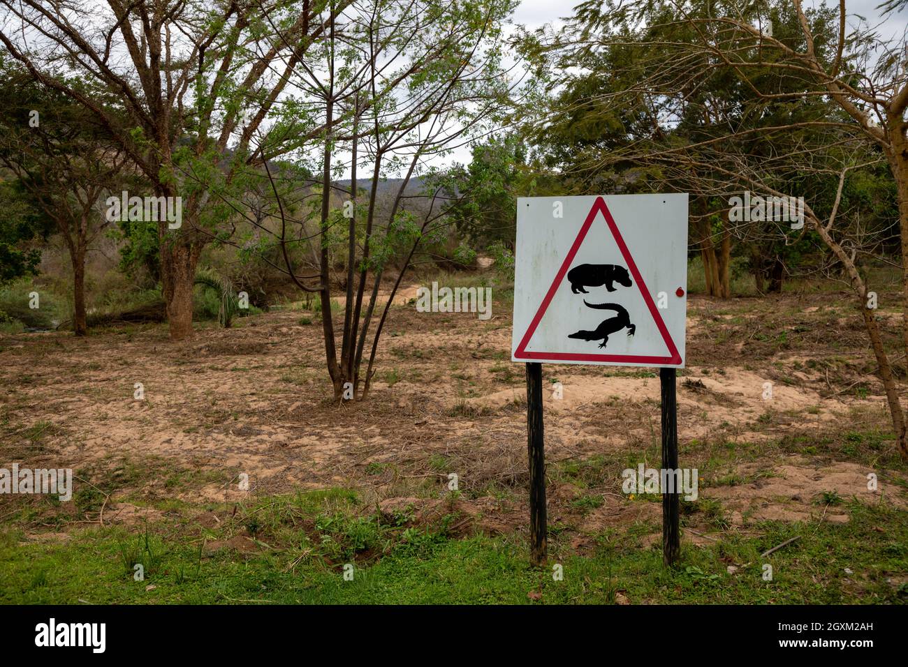 Ein Warnzeichen, das die Menschen warnt, dass sich Flusspferde und Krokodile in der Gegend befinden. Hinter dem Schild befindet sich ein trockenes Flussbett. Stockfoto