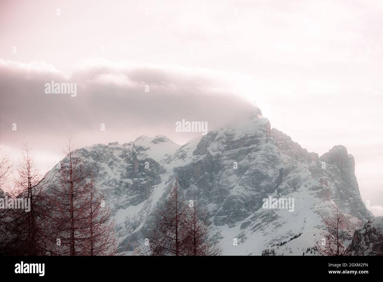 Fantasievoller Rosa-Farbeffekt des Winterpanoramas des Monte Civetta Stockfoto