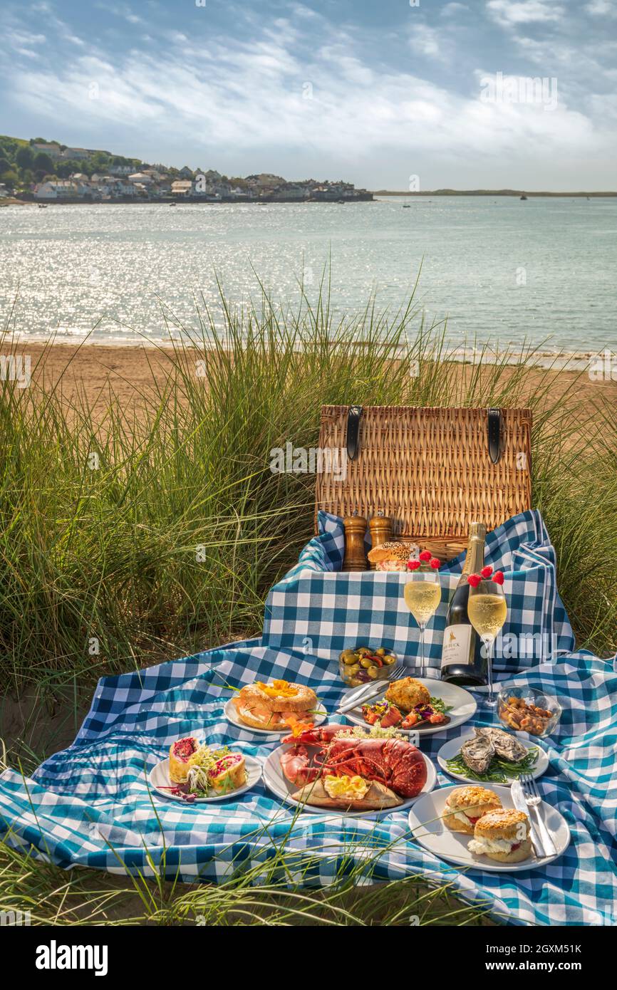 Ein exklusiver Picknickkorb für zwei Personen mit Produkten aus dem Landkreis Devon und einer Flasche Champagner. Der Korb wurde vom Royal George in Appledor vorbereitet Stockfoto