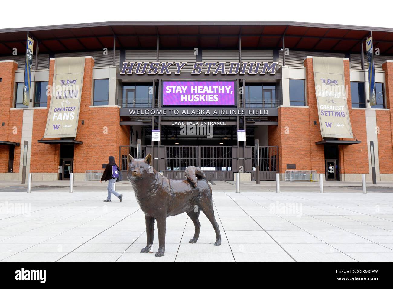 Eine Husky-Skulptur steht vor dem Eingang von Dawg Pack im Husky Stadium der University of Washington, Seattle, Washington. Stockfoto