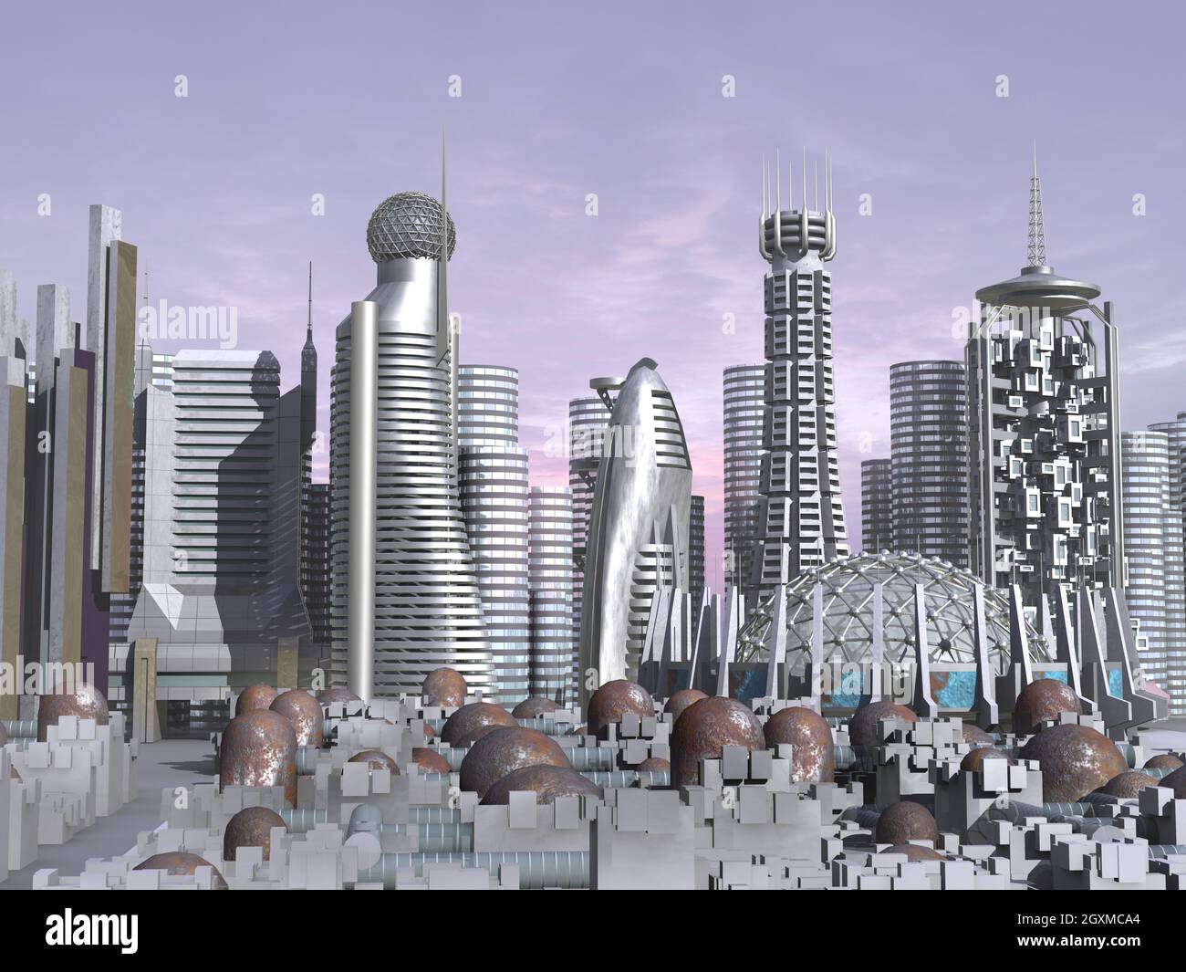 3D-Illustration einer Skyline mit futuristischer Architektur mit metallischen Strukturen, für Science-Fiction-Hintergründe. Der Begrenzungspfad für die Kontur lautet Stockfoto