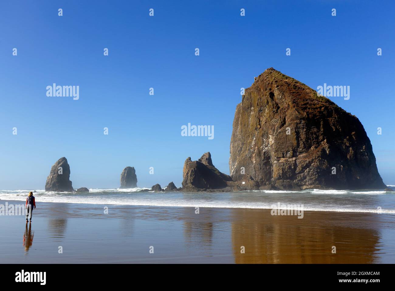 Eine Person im Sand von Cannon Beach, die den Haystack Rock und die dazugehörigen Felsenspitzen, bekannt als die Nadeln, in Cannon Beach, Oregon, bewundert. Stockfoto