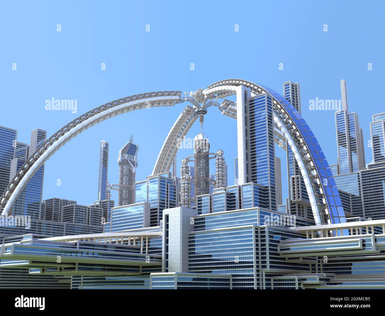 3D-Illustration einer Skyline mit futuristischer Architektur und metallischen Strukturen für Science-Fiction-Hintergründe. Der Begrenzungspfad für die Kontur lautet Stockfoto