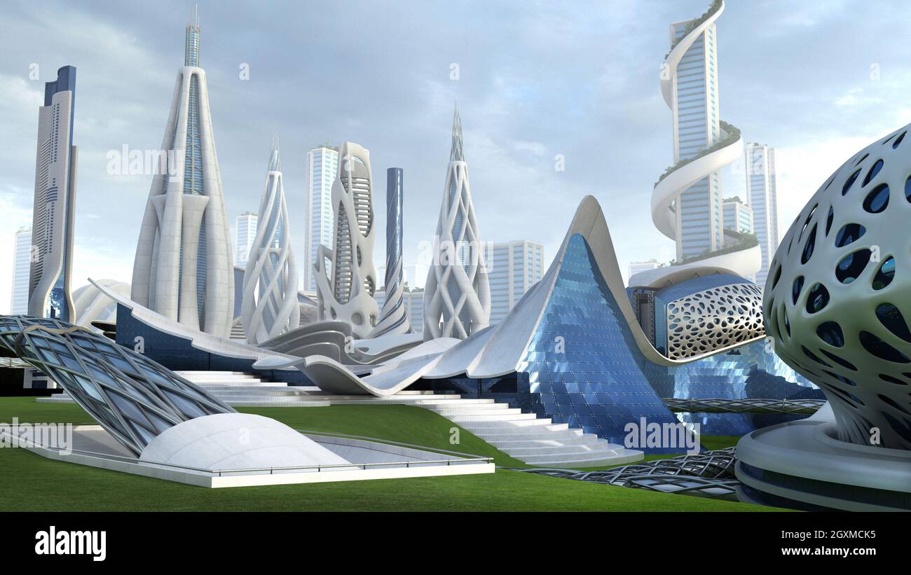 3D-Illustration einer Skyline mit futuristischer, organischer Architektur und metallischen Strukturen für Science-Fiction-Hintergründe. Die Umrissbeschneidung Stockfoto