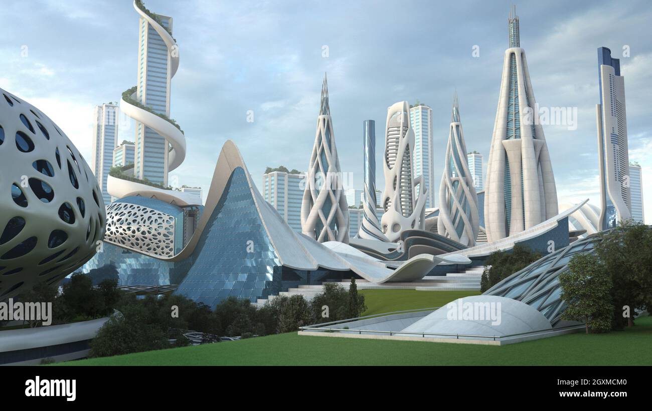 Futuristische Mega-City-Skyline-Architektur mit organischen Strukturen, für Science-Fiction-Hintergründe. Das 3D-Rendering umfasst den Umrissbeschnitt Stockfoto