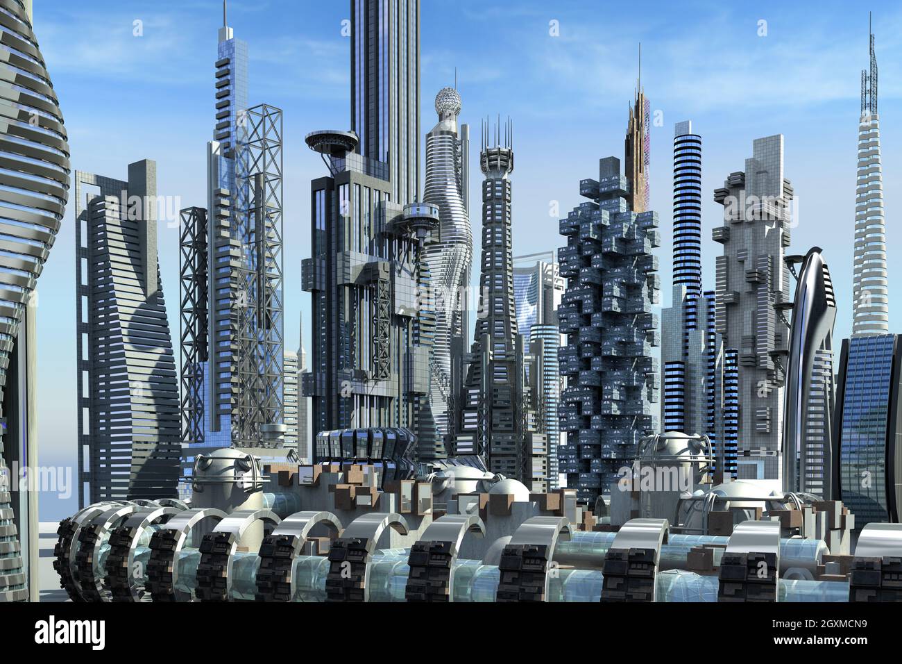 3D-Illustration einer Skyline mit futuristischer Architektur mit metallischen Strukturen, für Science-Fiction-Hintergründe. Der Begrenzungspfad für die Kontur lautet Stockfoto