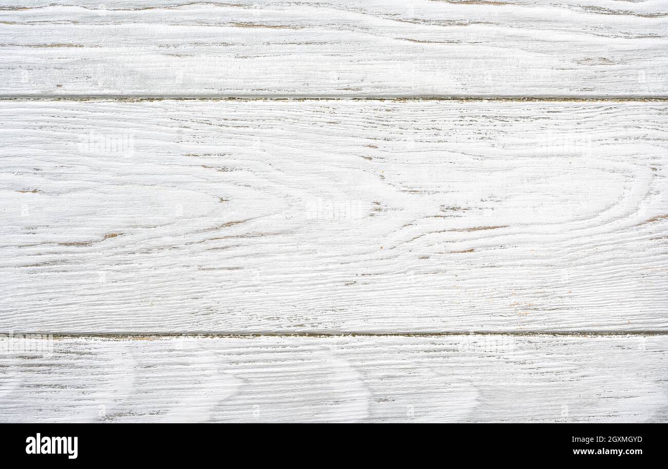 Holzstruktur Hintergrund, Draufsicht auf leeren hellen Holztisch. Rustikale weiße, raue Planken für Hintergrund und Tapete. Bemalt von alten Scheunenbrettern, Holz Stockfoto