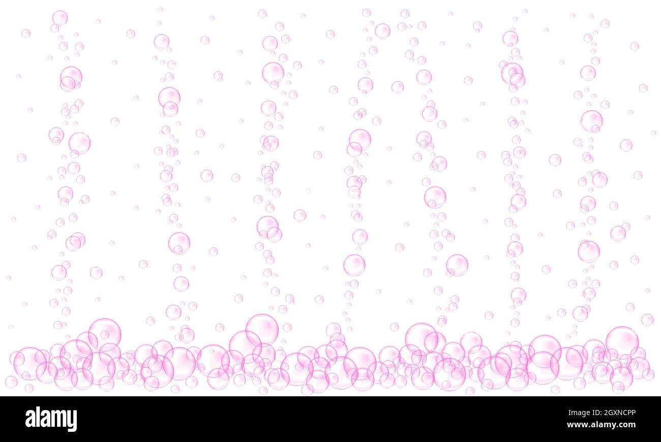 Rosafarbene Sauerstoffblasen strömen. Kohlensäurehaltige Wasserstruktur. Kirsch- oder Erdbeergetränk, Seltzer, Bier, Soda, Cola, Limonade, Champagner, Sekt. Vektor-realistische Darstellung. Stock Vektor